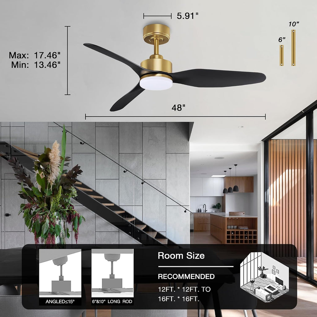 Hoenofly 48 Inch Smart Ceiling Fans with LED Lights Remote,Quiet DC Motor,Dimmable,Outdoor Indoor Gold Black Ceiling Fan Controlled by WIFI Alexa App,for Modern Bedroom Living Room Patio Porch