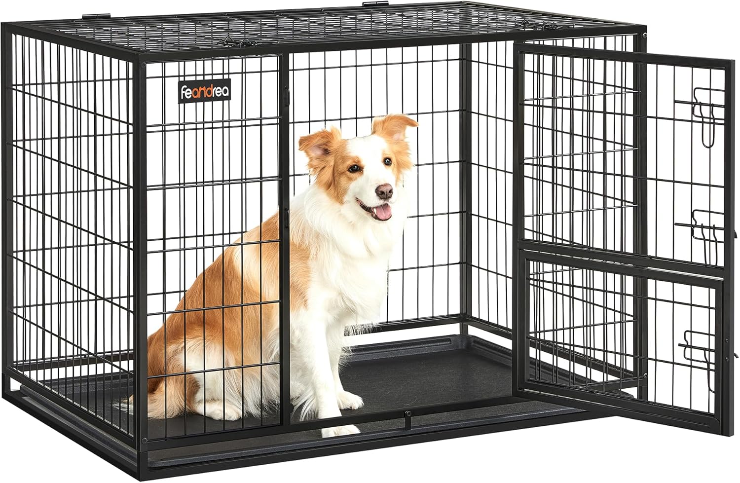 Feandrea 42.1 Inch Heavy Duty Dog Crate, Metal Escape Proof Kennel with Double Doors and Convenient Feeding Door, Removable Tray, Easy to Clean, XL Pet Crate for Large and Medium Dogs, Black