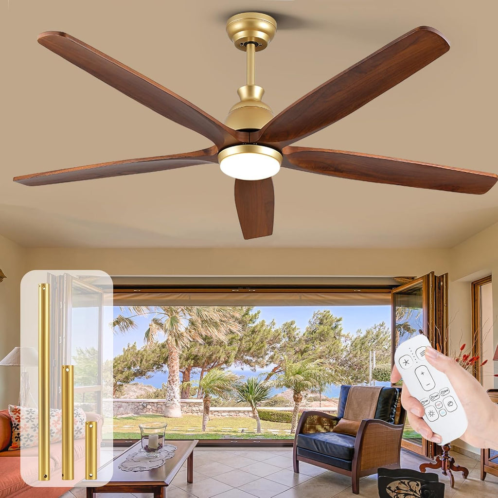 52 Inch Wood Gold Ceiling Fan with Light Remote, 5 Walnut Blades, Indoor Outdoor High CFM Propeller Damp Rated, Quiet Reversible DC Motor, for Modern Farmhouse Outside Patios Porch, 3 Downrods