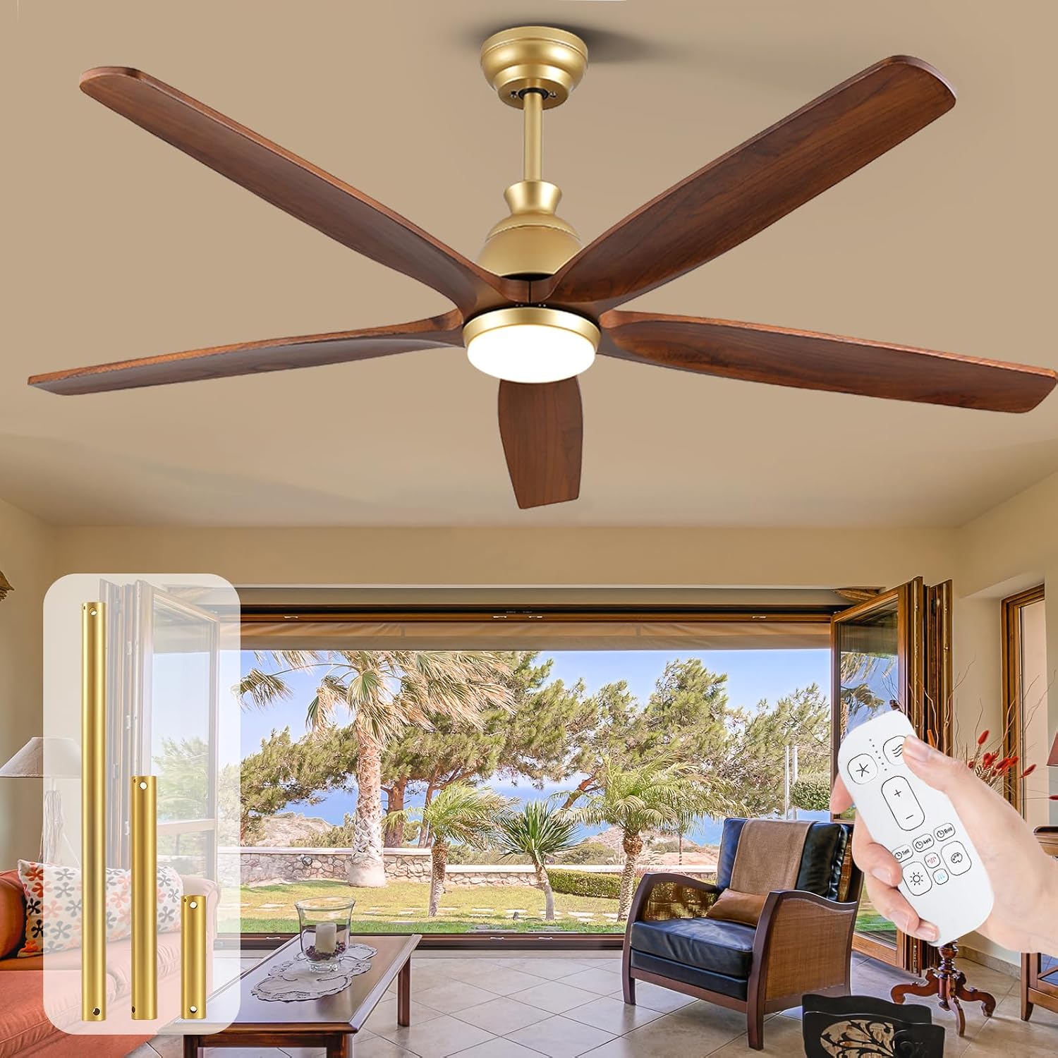 52 Inch Wood Gold Ceiling Fan with Light Remote, 5 Walnut Blades, Indoor Outdoor High CFM Propeller Damp Rated, Quiet Reversible DC Motor, for Modern Farmhouse Outside Patios Porch, 3 Downrods