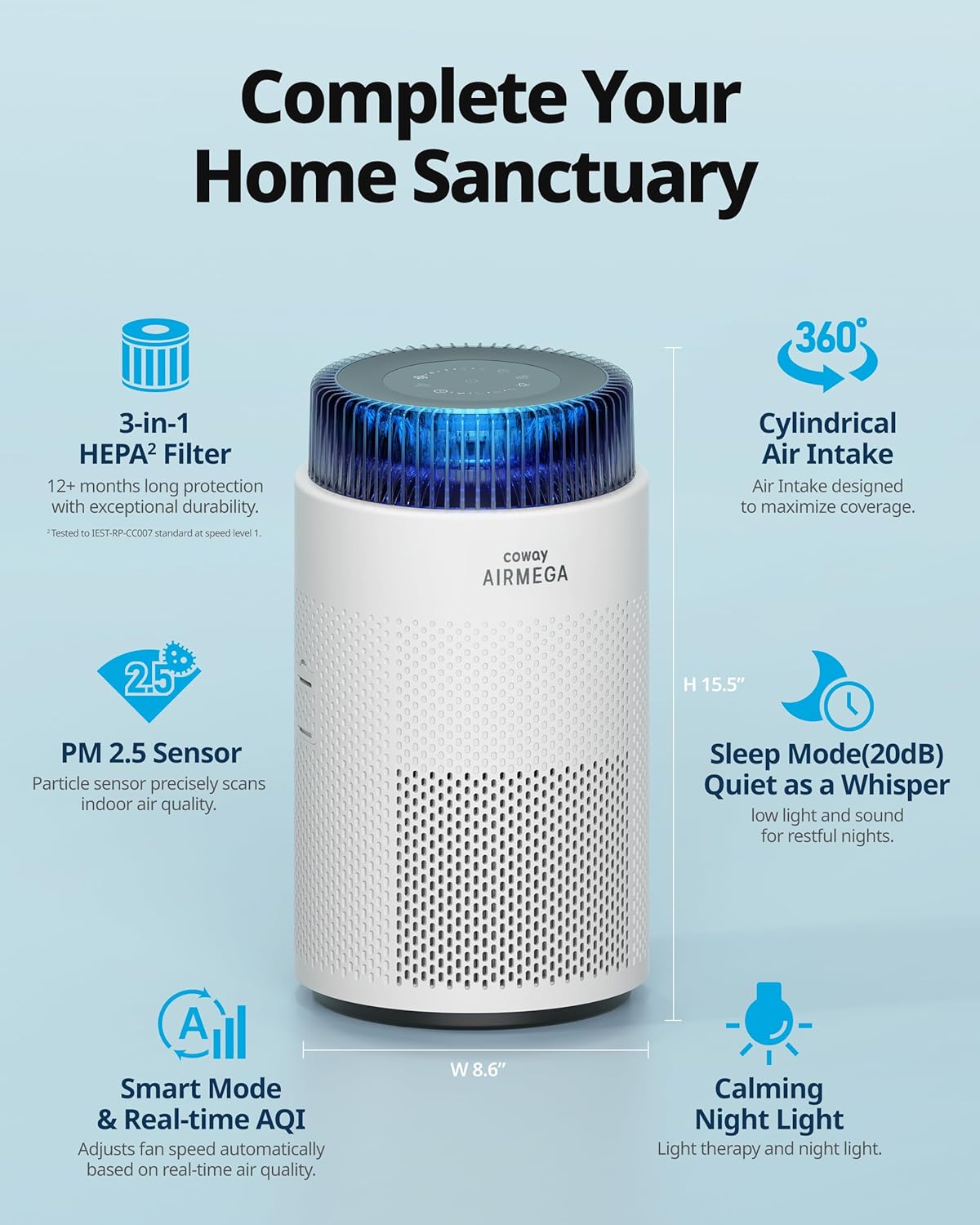 COWAY Air Purifiers for Home up to 810 ft², HEPA and Carbon Filter for Smoke, Allergies, Pet Dander, Odor, AQI Monitor, Auto Mode, Timer, Filter Indicator, Night Light, 2yr Warranty, Airmega 100 White