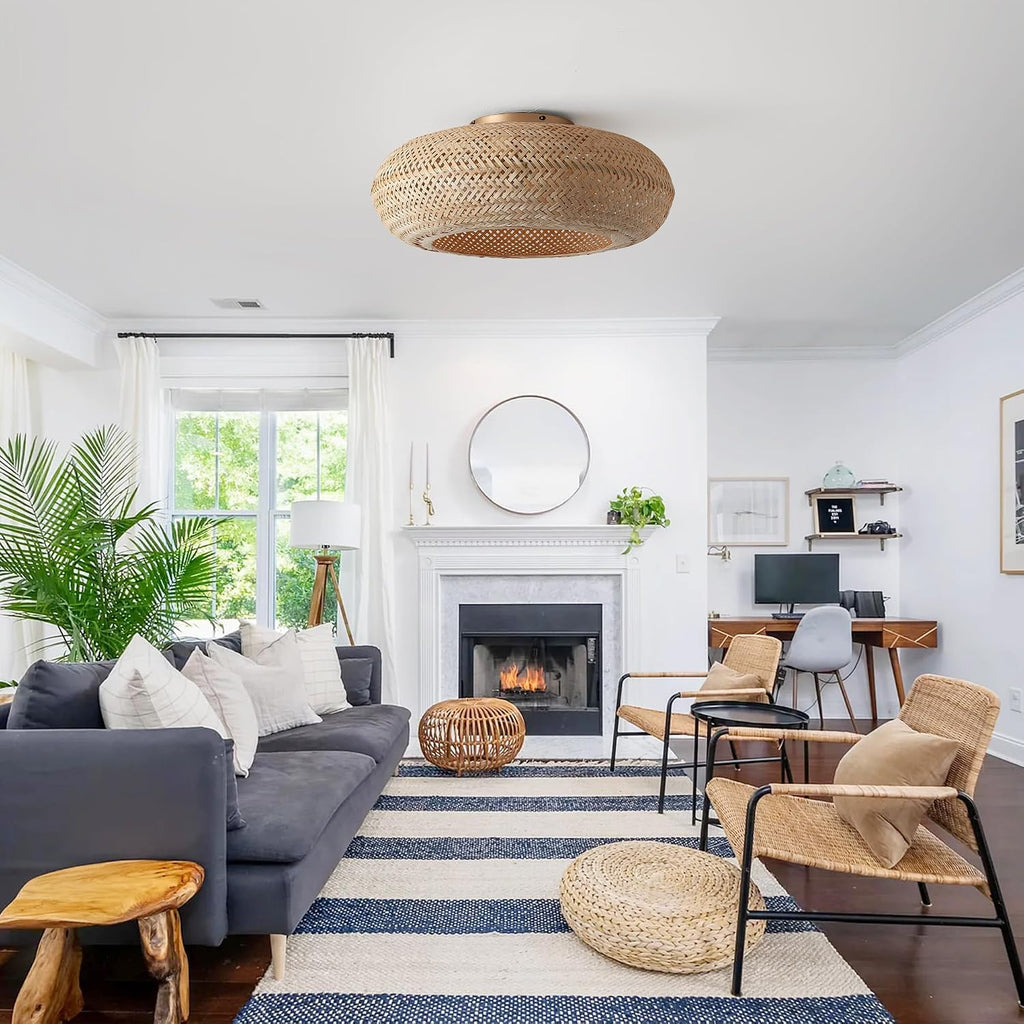 Boho Ceiling Fan with Lights: 20' Bamboo Low Profile Rattan Caged Farmhouse Ceiling Fans with Light Flush Mount Remote Control 6 Speeds for Bedroom Living Room Kitchen