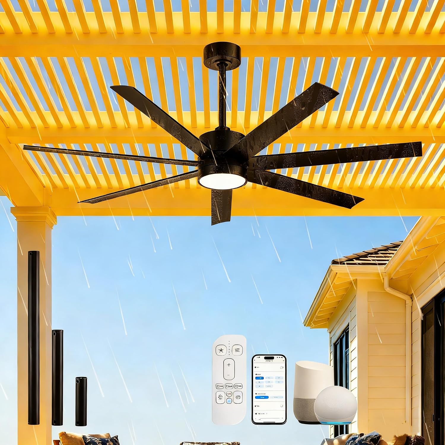 56 Inch Wet Rated Outdoor Smart Ceiling Fan with Light for Patio, All-Weather Waterproof, ETL Listed Quiet DC Motor High CFM, 7 Black Blades with UV Coating, Alexa/App/Remote, for Exterior Gazebo