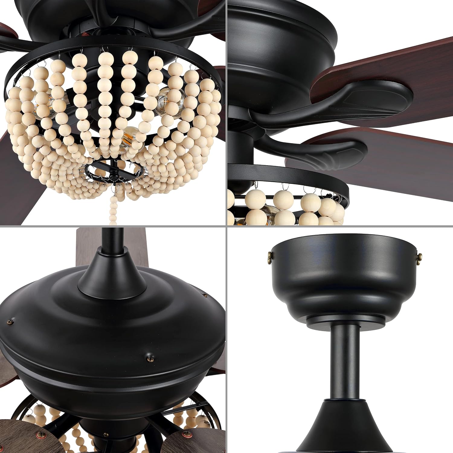 JONATHAN Y 52' Black/Light Brown 3-Light LED Ceiling Fan with Remote and App Control, Bohemian Farmhouse Chandelier, Light Brown Wood Bead Shade, Reversible Wood Blades (JYL9618B)