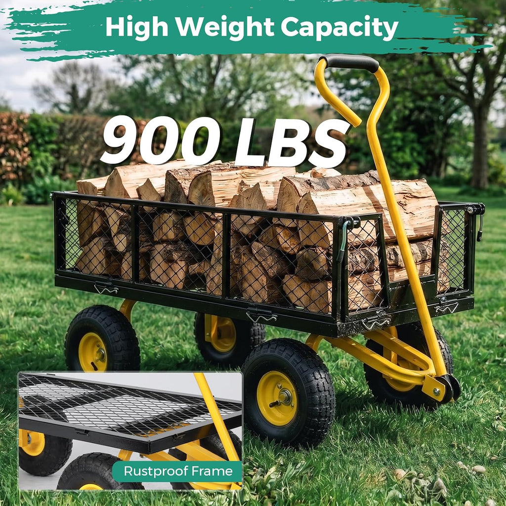 SUNNYFEEL 900 LBS Heavy Duty Steel Garden Cart, Utility Garden Wagon Cart with 10' Flat-Free Wheels and Removable Sides, All Season Yard Cart with 180° Adjustable Handle