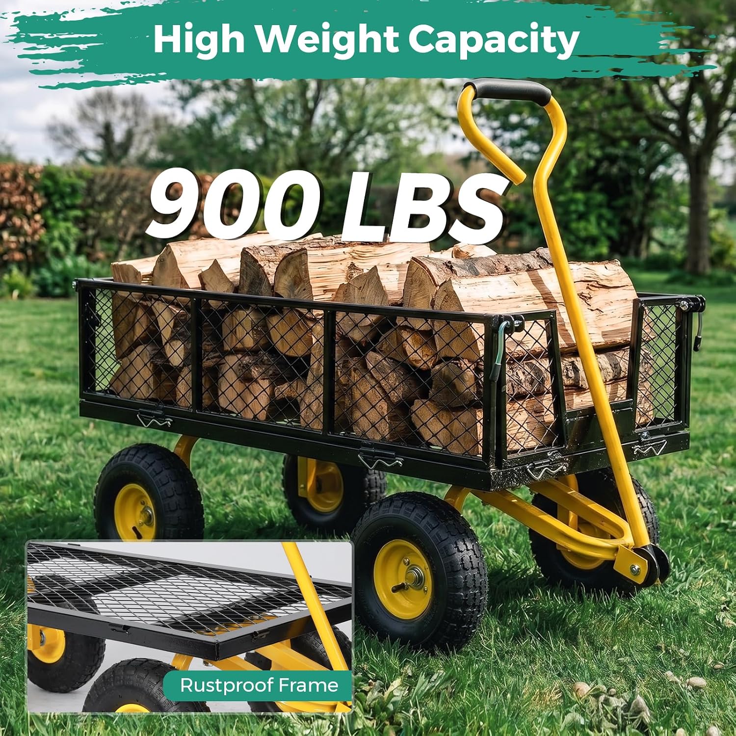 SUNNYFEEL 900 LBS Heavy Duty Steel Garden Cart, Utility Garden Wagon Cart with 10' Flat-Free Wheels and Removable Sides, All Season Yard Cart with 180° Adjustable Handle