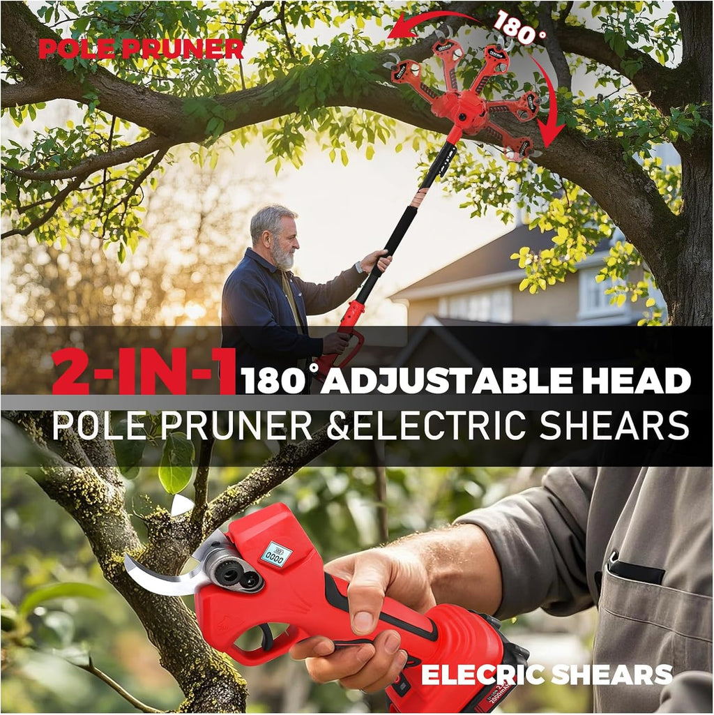 2-in-1 Pole Pruning Shears,1.6' Cutting Diameter, Cordless Electric Pruning Shears with Extension Pole,2×2.0Ah Battery Powered Pruner for Tree Trimming (2 Set Blades&Battery Charger Included)