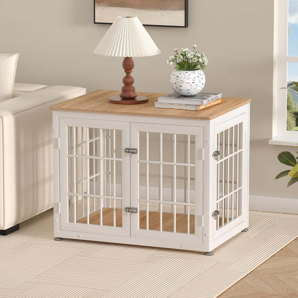 rehomerance 32 Inch Heavy Duty Dog Crate Furniture for Medium and Small Dogs, Decorative Pet House End Table, Wooden Cage Kennel Furniture Indoor, Natural and White