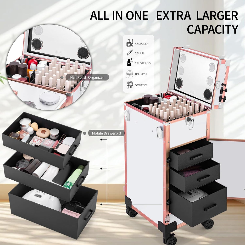 Portable Manicure Table 3 Drawers, Rolling Lockable Makeup Train Case with Blueteeth Speaker and Nail Polish Organizer, Foldable Nail Desk with Mirror & TSA Lock for Nail Tech and Salon Use