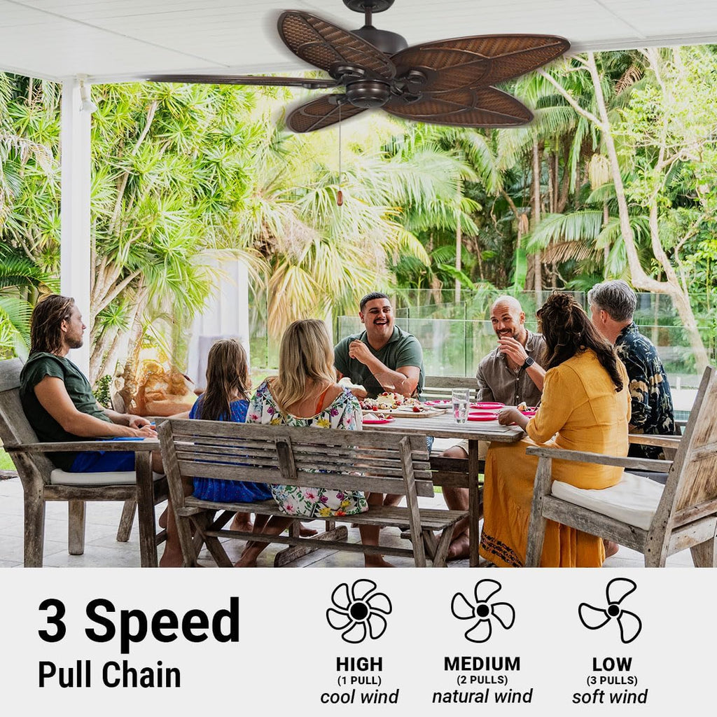 kathy ireland HOME [CF621VNB] Batalie Breeze Outdoor Ceiling Fan, 52 Inch | Large Metal Fixture with Palm Leaf Blades, Quiet Motor, and Pull Chain | Tropical Style for Outside and Indoor, Bronze