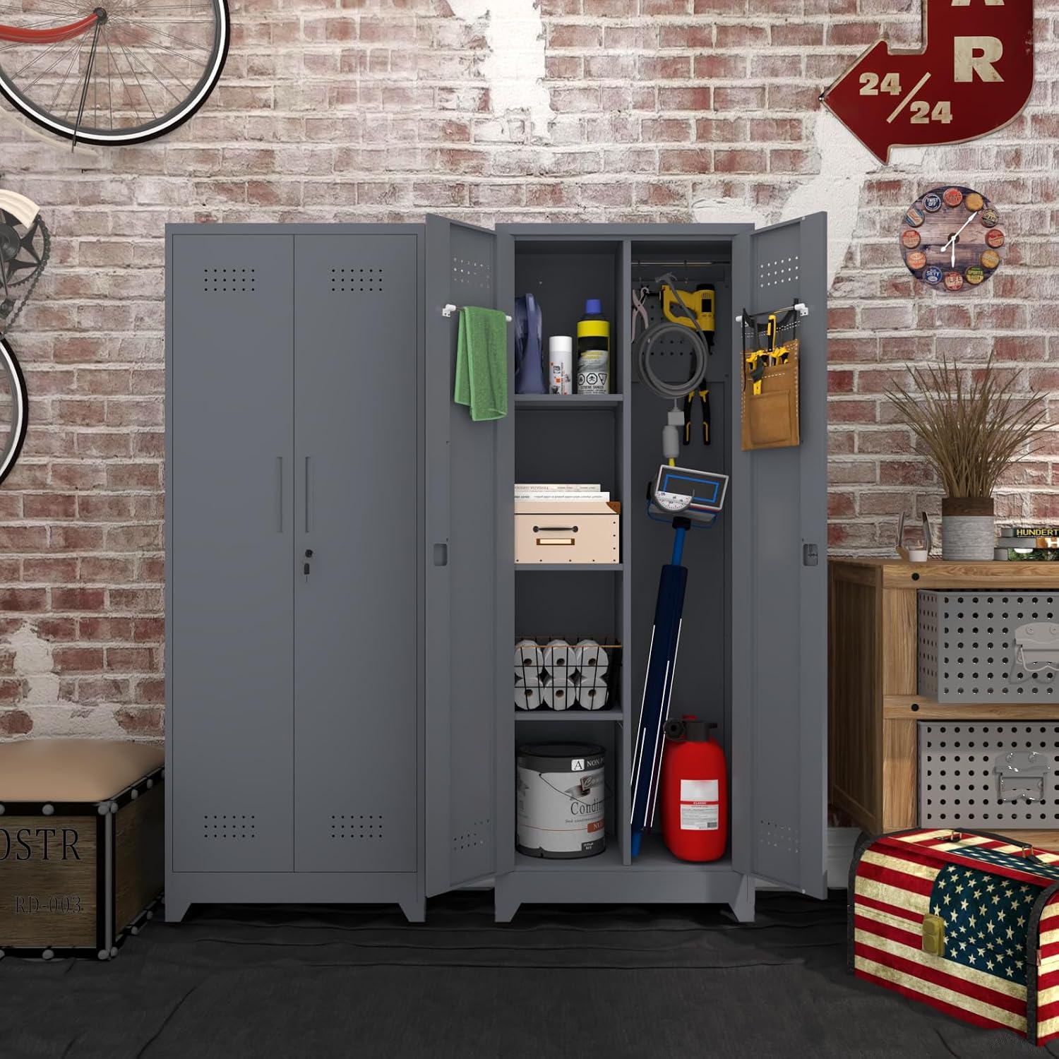 IRONFFICE Metal Lockable Storage Cabinet,Tall Garage Storage Cabinets with 2 Doors,Locking Cabinets for Office,Home,Utility Room,Grey