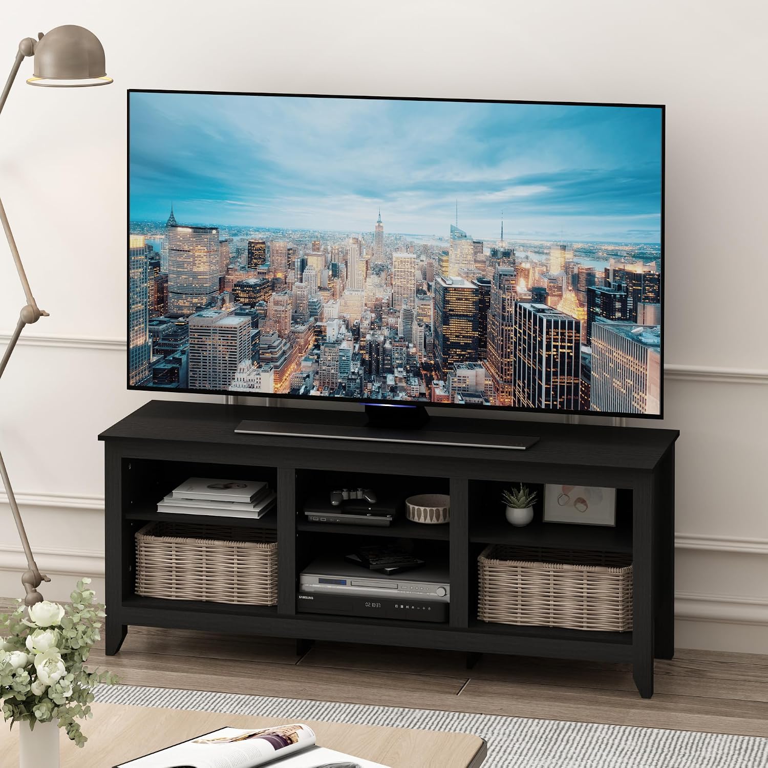 Furinno Jensen TV Stand for TV up to 65 Inch, 2-Tier Black Entertainment Center, TV Console with Cable Management, for Living Room, Bedroom, Dark Americano