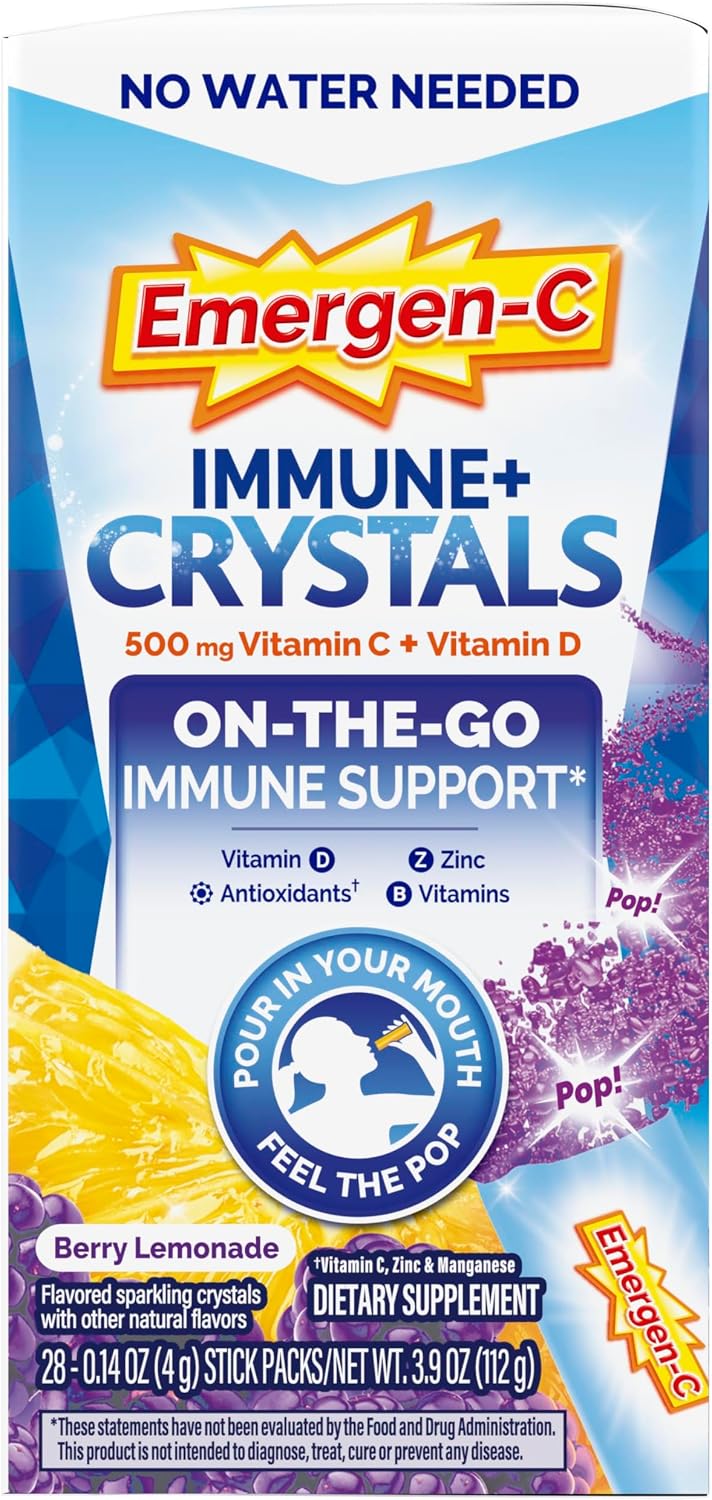 Emergen-C Immune Plus Crystals, On-the-Go Immune Support Supplement with Vitamin C, Vitamin D, B Vitamins, Zinc and Manganese, Berry Lemonade - 28 Stick Packs (Pack of 12)