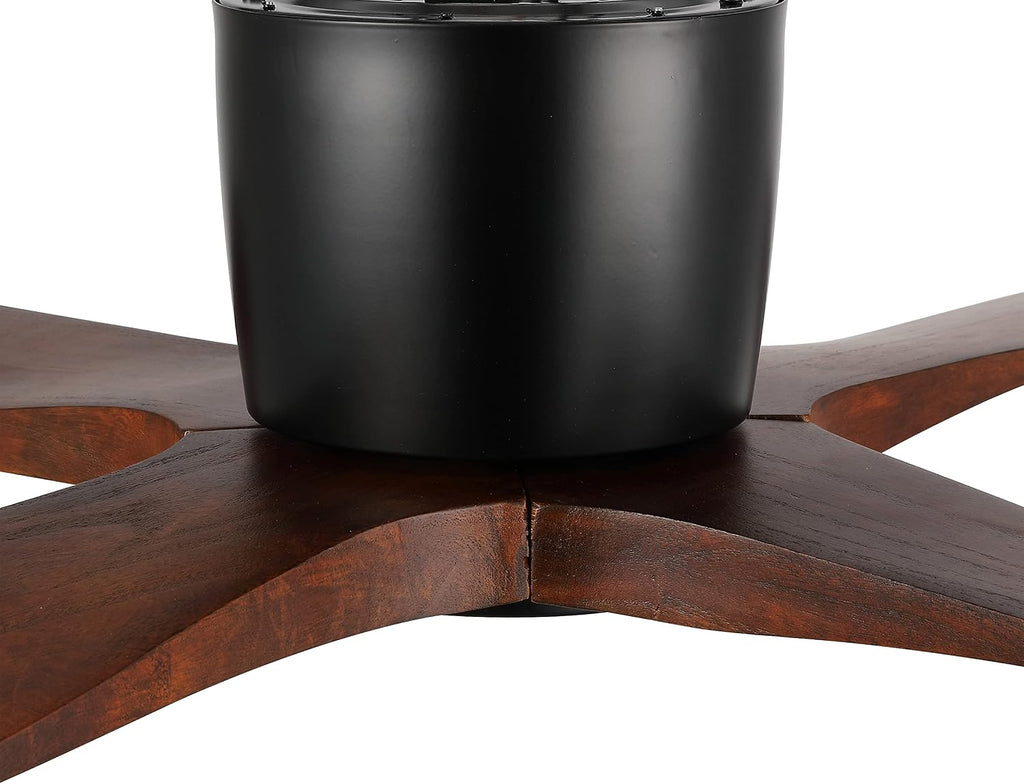 WINGBO 54 Inch Flush Mount DC Ceiling Fan without Lights, 4 Reversible Carved Wood Blades, 6-Speed Noiseless DC Motor, Hugger Ceiling Fan No Lights in Matte Black Finish with Walnut Blades, ETL Listed