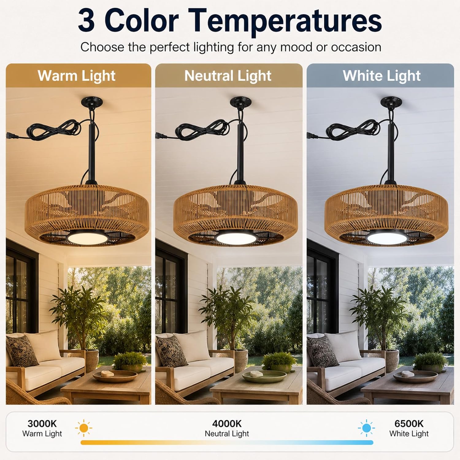 20' Outdoor Ceiling Fan with Light – Waterproof Plug-In Hanging Caged Fan, 3CCT Dimmable LED, 6-Speed with Remote & App Control for Covered Patios, Gazebo & Porch
