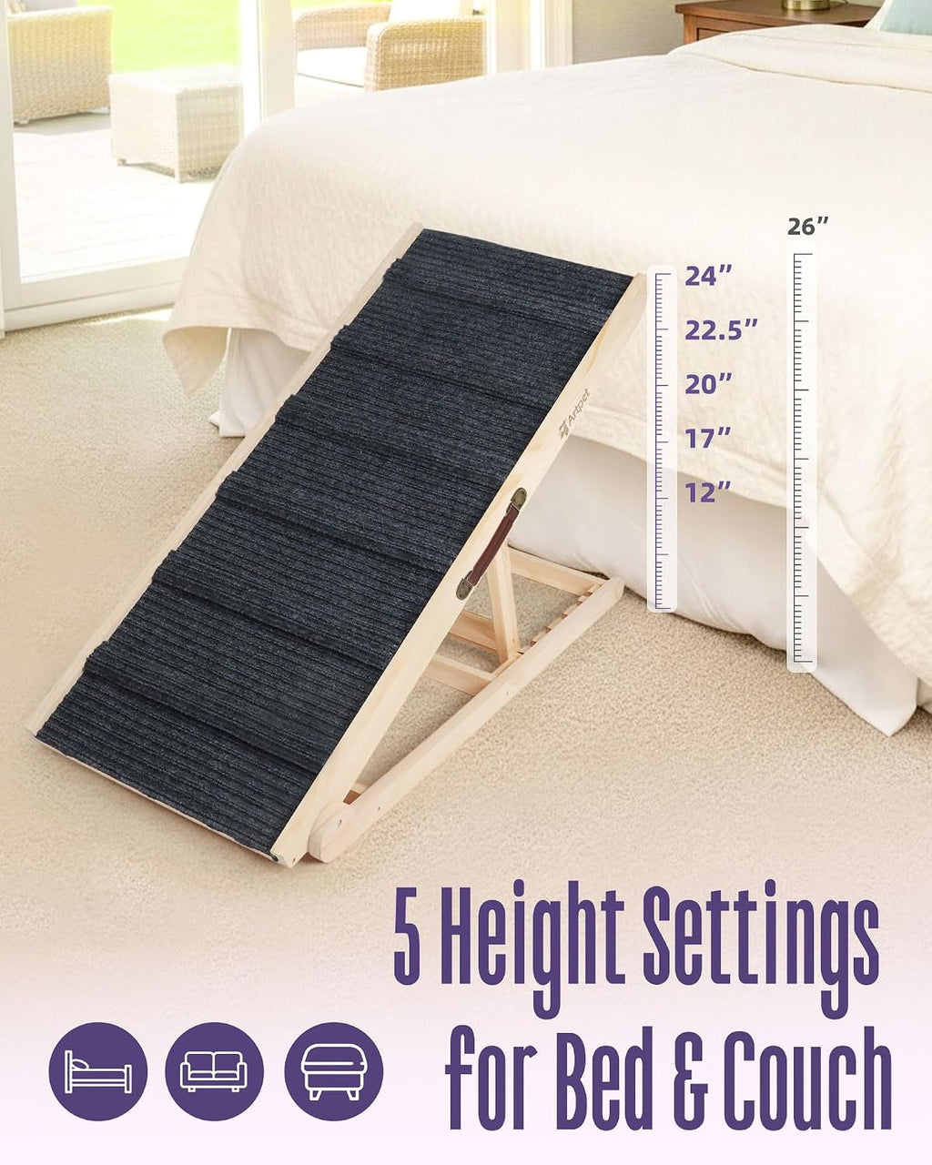 Wide Dog Ramp for Bed Couch Folding Dog Ramps for Large Dogs Up to 200 lbs, 43.3' Long Pet Ramp Adjustable Height Up to 24'