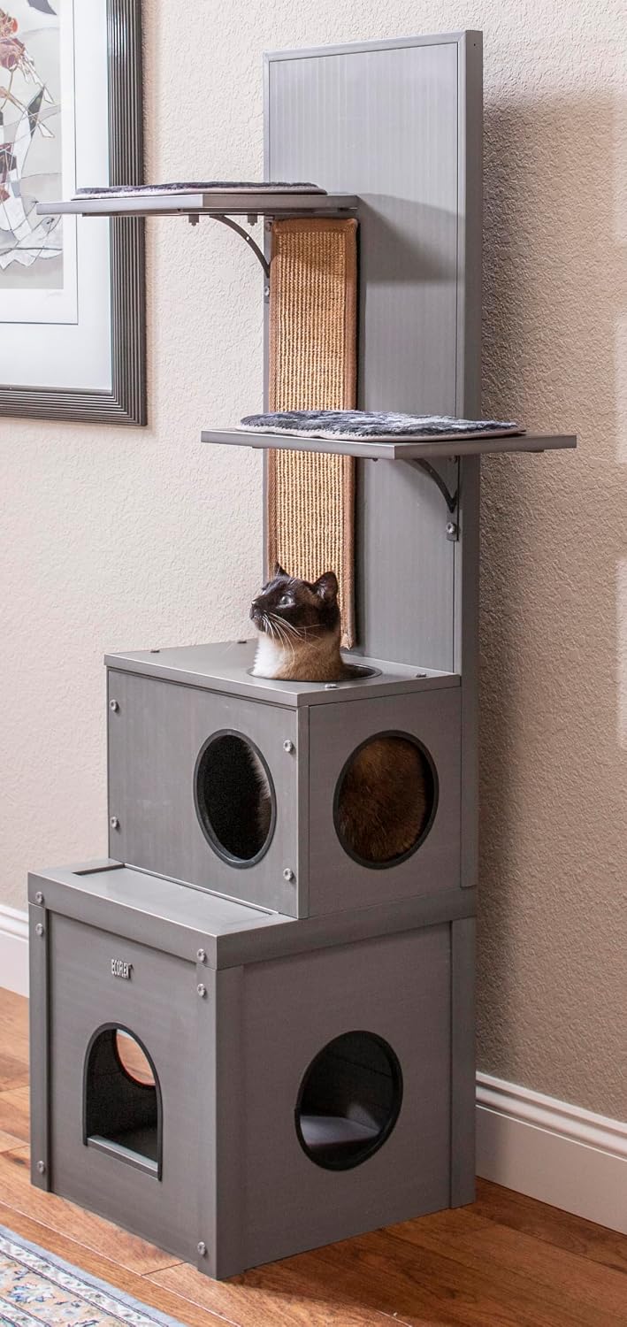 New Age Pet ECOFLEX Kitty Climber Cat Tree with 2 Cubes, 2 Shelves, Sisal Scratch Pad, 60' Tall, Moisture and Odor Resistant Indoor Cat Furniture, Grey