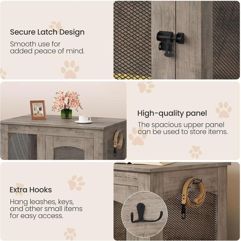 CHOEZON Wooden 30.1' Dog Crate Furniture, Farmhouse Pet Cage End Table with Secure Lock, Ventilated Mesh for Medium Dogs, Dog Kennel Furniture for Living Room, Bedroom, Greige MGW02FH