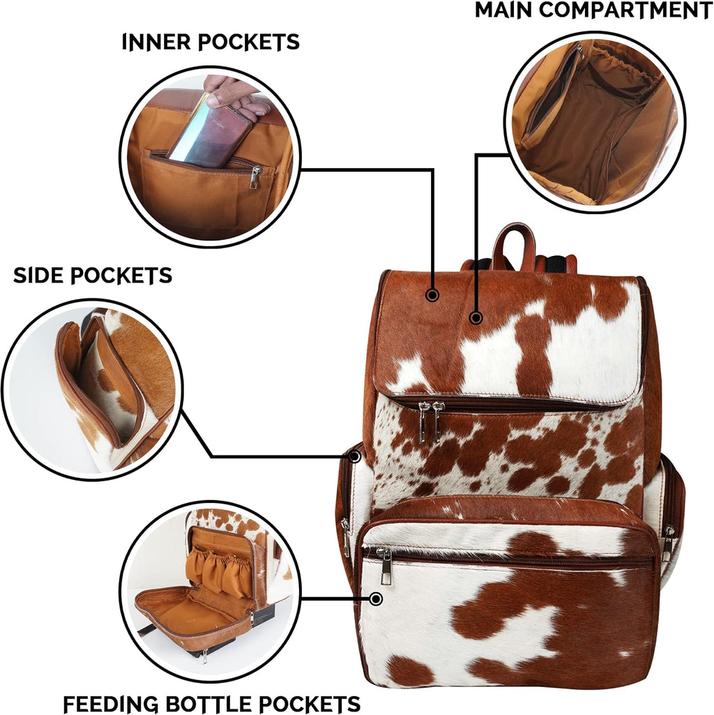 Leather Backpack For Adult Rucksack/Knapsack Bag Casual Brown & White Shoulder Cowhide Travel Diaper Bag