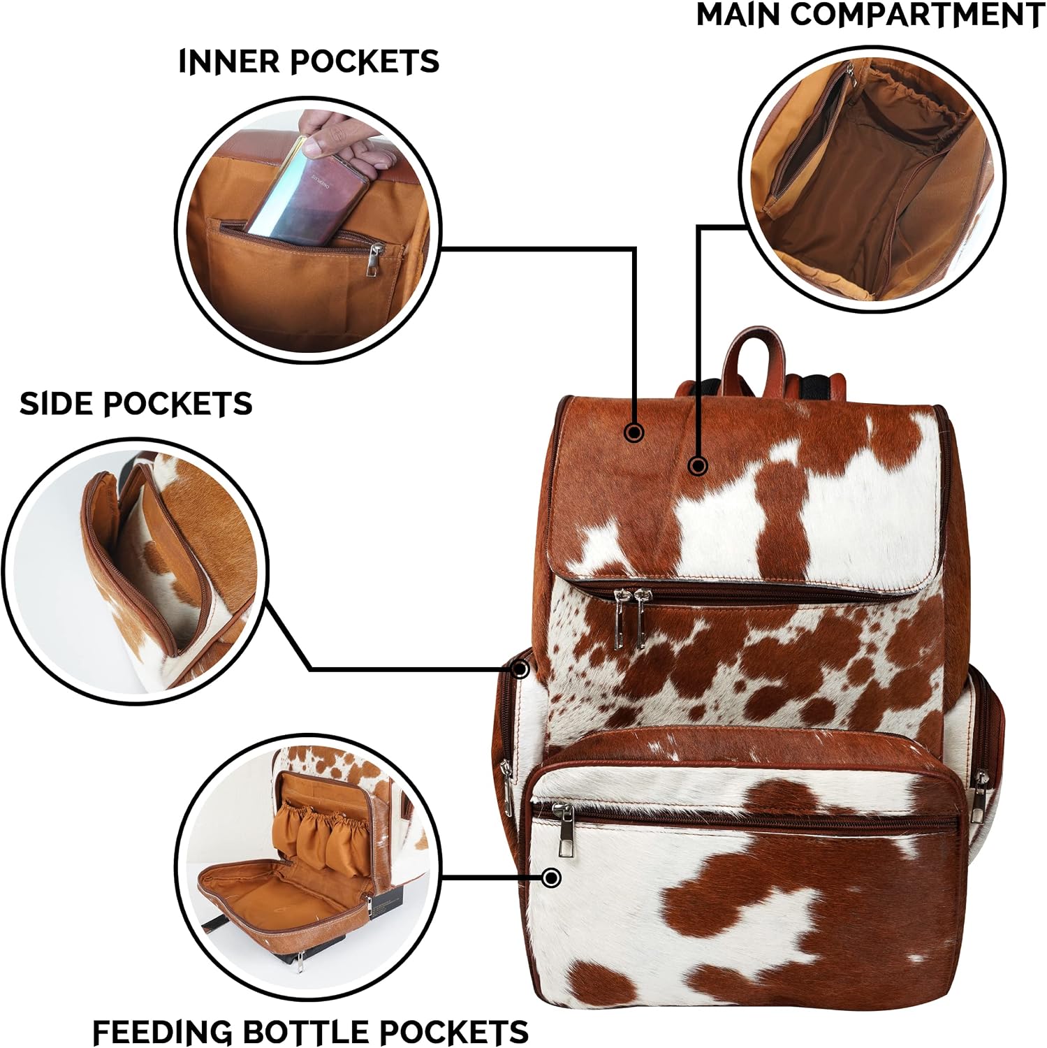 Leather Backpack For Adult Rucksack/Knapsack Bag Casual Brown & White Shoulder Cowhide Travel Diaper Bag