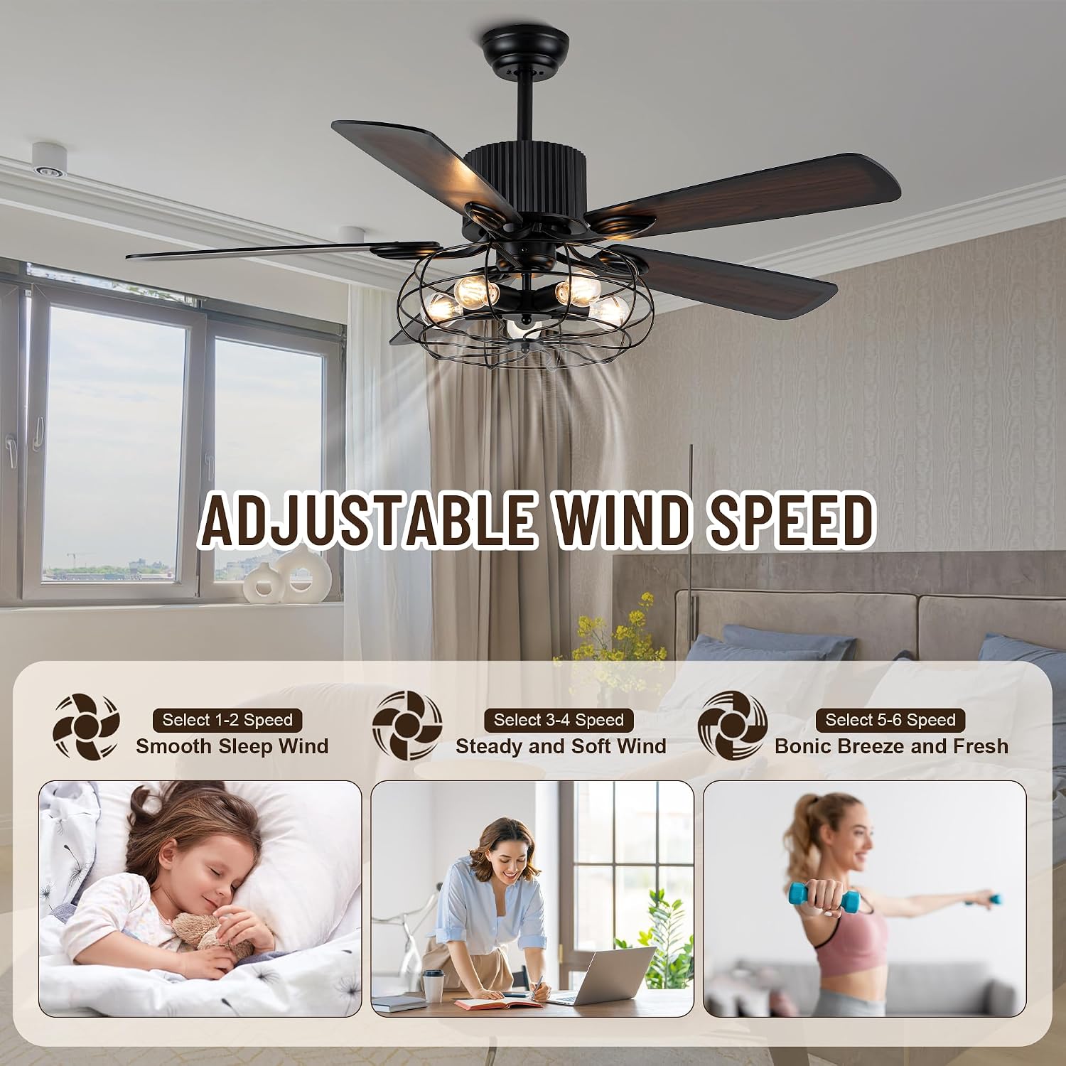 52' Farmhouse Ceiling Fans with Lights and Remote,Industrial Caged Rustic Retro Chandelier Ceiling Fan with Reversible Motor,5 Double Colour Blades for Dining Room Living Room Bedroom