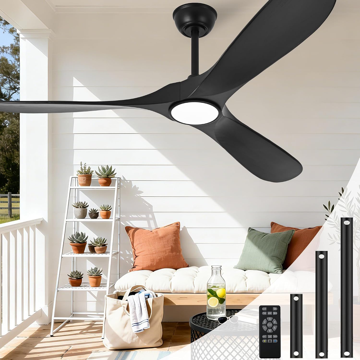 Black 72 Inch Ceiling Fan with Light and Remote, Large Modern Outdoor Ceiling Fans with Lights 3 Blade Propeller High CFM Wet Rated Exterior Fan for Patios Indoor Bedroom Living Room Gazebo