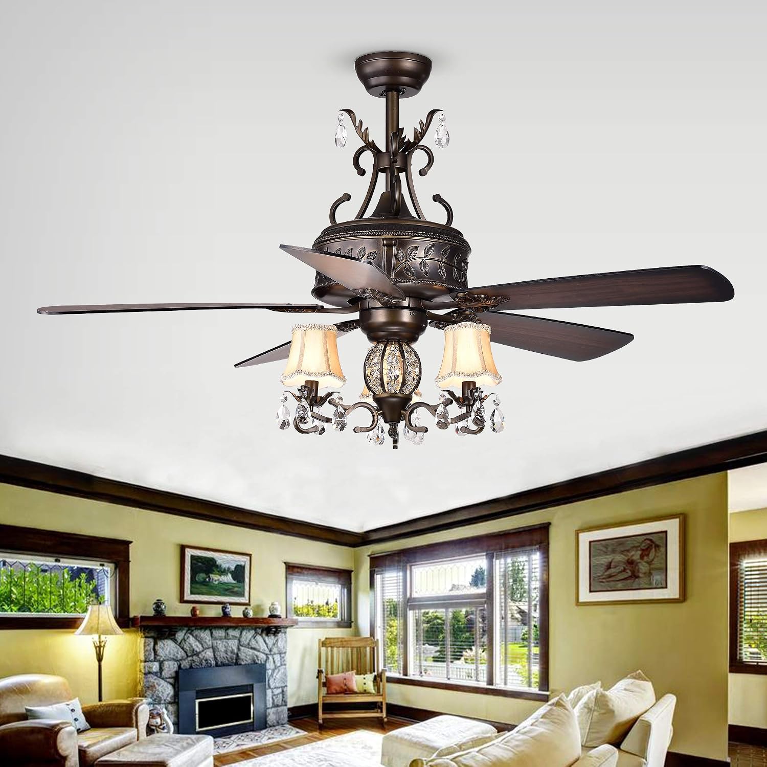 Firtha 52-Inch 5-Blade Antique Lighted Ceiling Fans with Branched French Chandelier (with Remote)