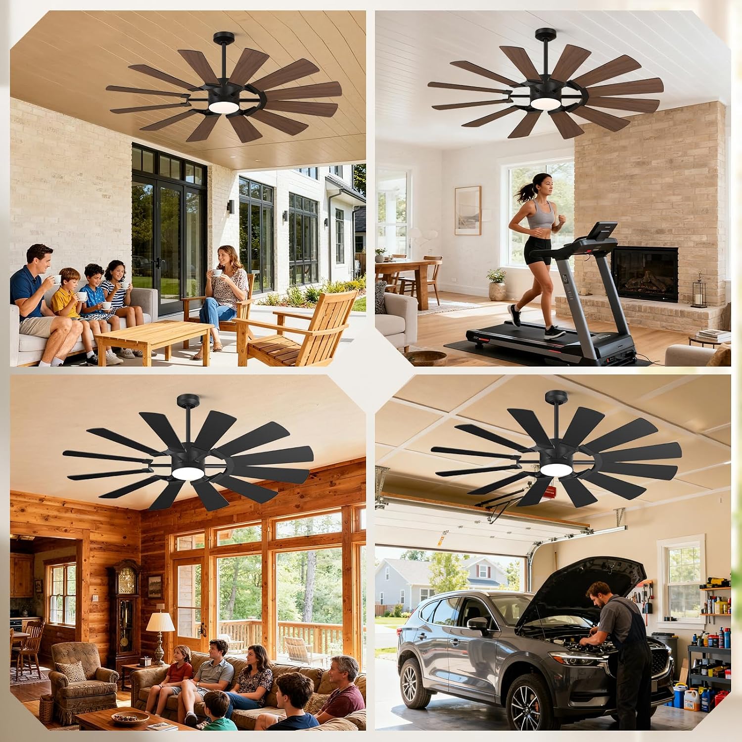 72'' Farmhouse Ceiling Fan with Light,12 Dual-Finish Wind Mill Blades, 3 Downrods, 6-Speed Reversible DC Motor, High CFM, 3CCT, Indoor Outdoor Industrial Fan for Patio Commercial Shop Garage