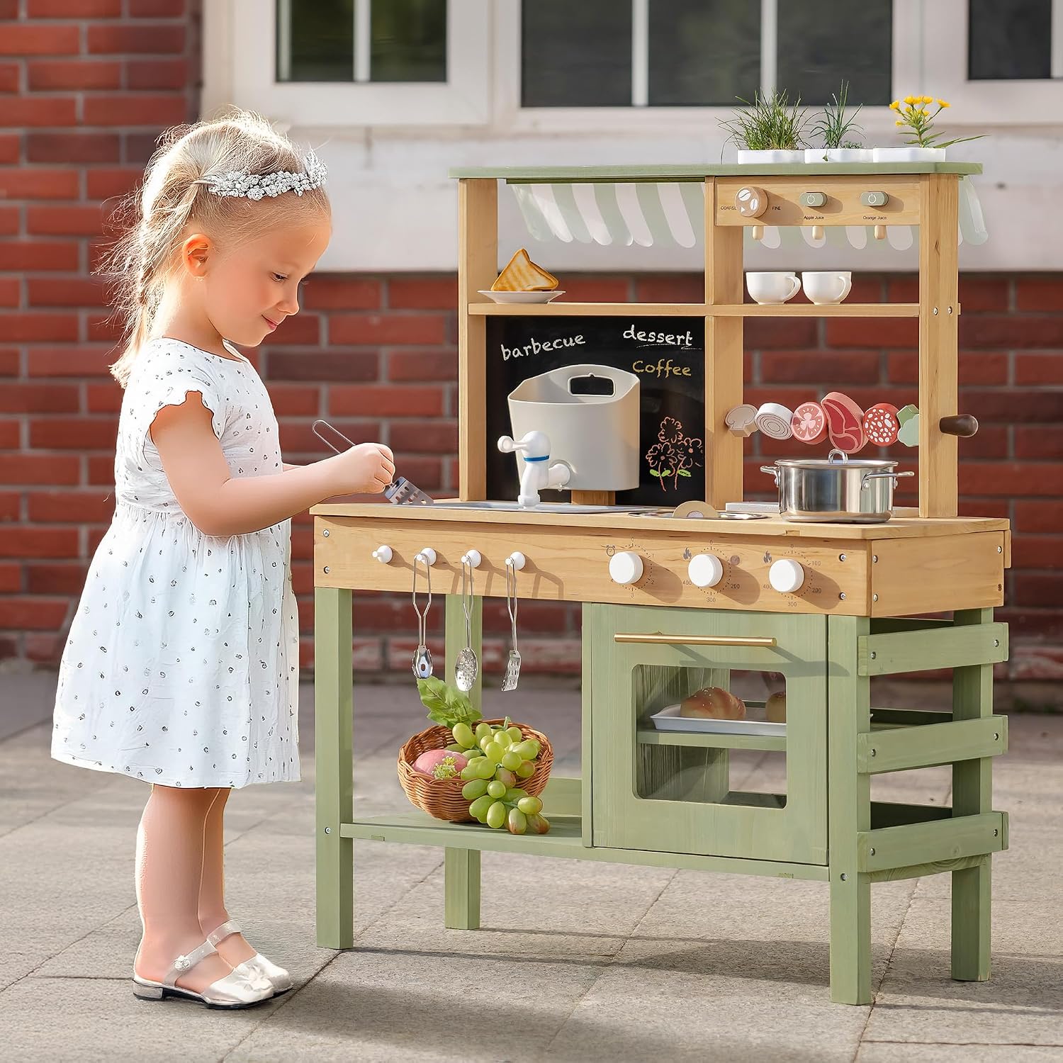 ROBOTIME Mud Kitchen & Kids Gardening Tools Set – Outdoor Wooden Play Kitchen with Sink, Grill & Pretend Accessories + 17 PCS Metal Kids Gardening Kit – Outdoor Toys for Boys & Girls Age 3+