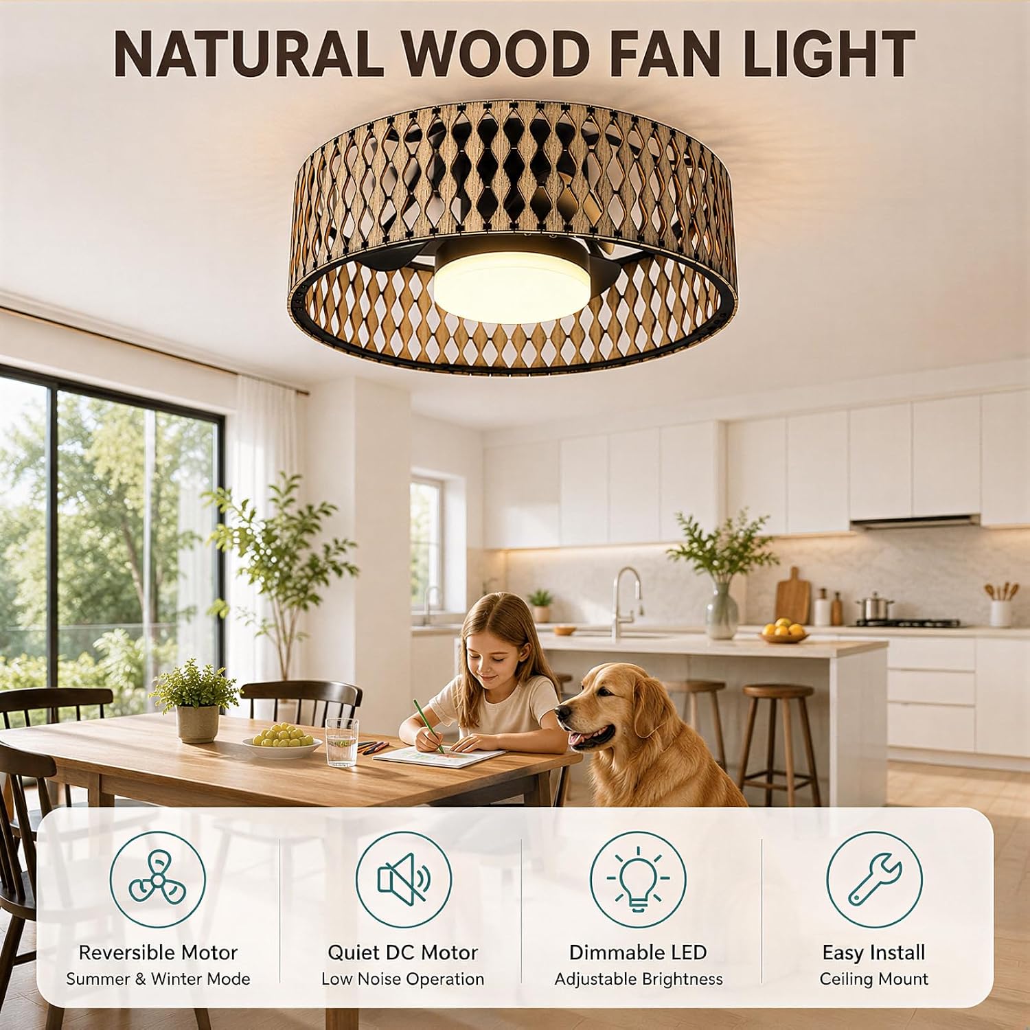 Low Profile Ceiling Fan With Lights,Ceiling Fans with Lights and Remote | Farmhouse fandelier with dimmable LED,Bobo Flush Mount Ceiling Fan for bedroom, kitchen, hallway,dining room，20inch