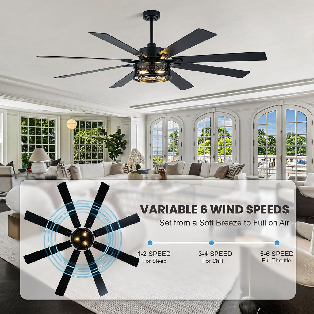 Dawn Whisper 72 Inch Ceiling Fans with Lights Black Farmhouse Ceiling Fan with Remote Quiet Reversible DC Motor 6 Speeds 8 Blades