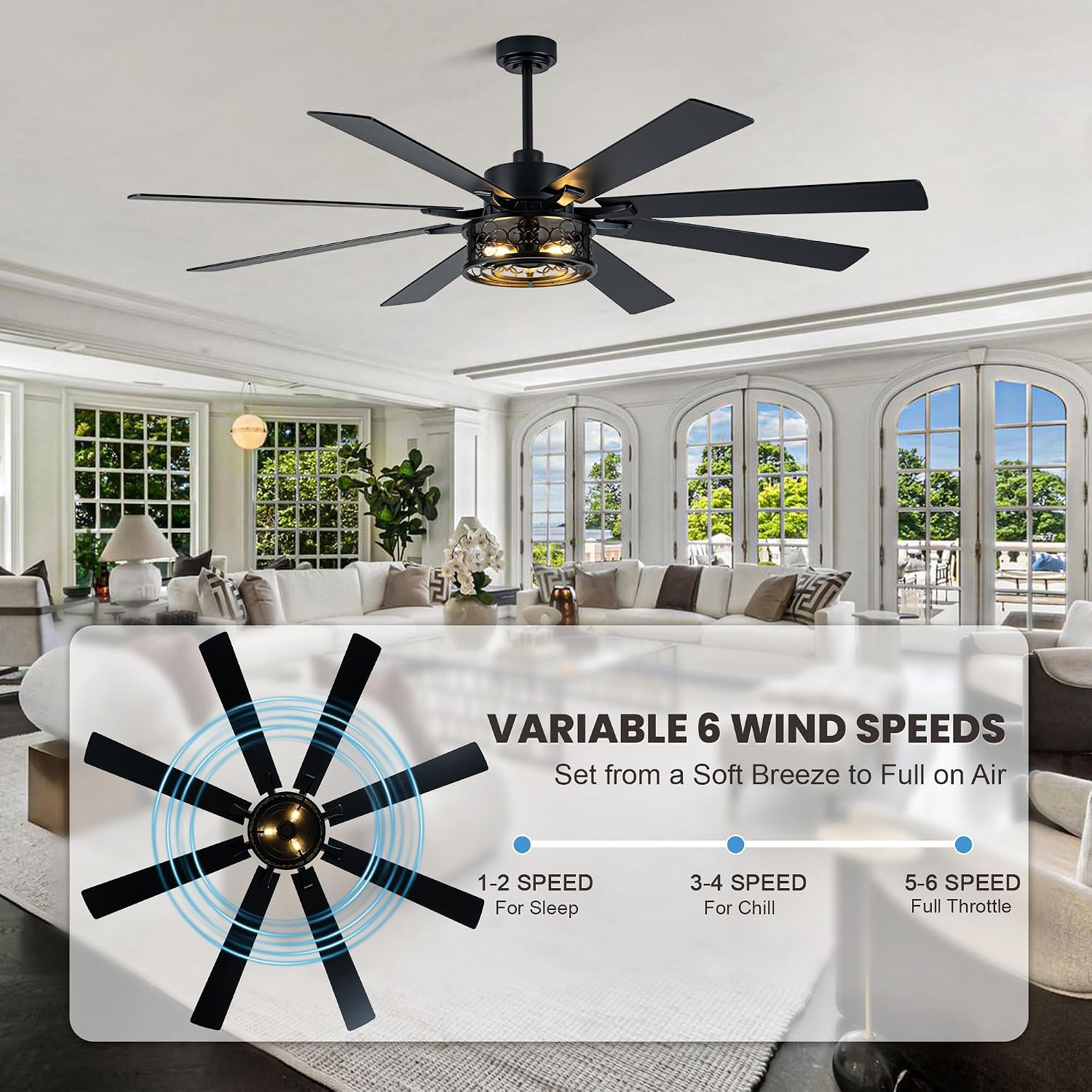 Dawn Whisper 72 Inch Ceiling Fans with Lights Black Farmhouse Ceiling Fan with Remote Quiet Reversible DC Motor 6 Speeds 8 Blades