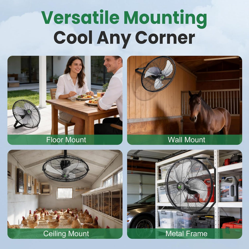 Solar Fan Wall Mount Waterproof, Metal Solar Powered Fan with Battery & Adjustable Thermostat, 18' Heavy Duty Outdoor Fans for Patios 3 Speeds, 180° Tilt