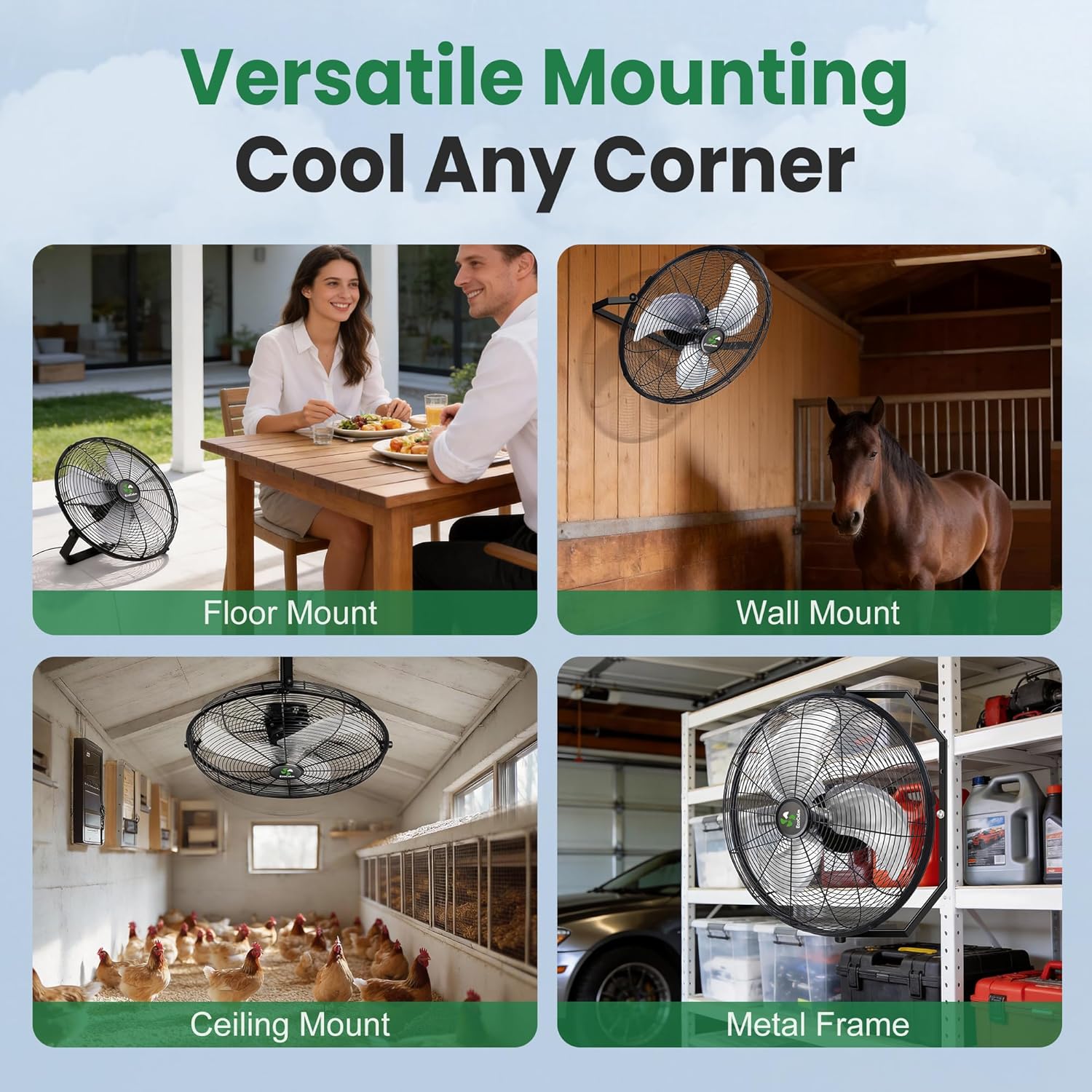 Solar Fan Wall Mount Waterproof, Metal Solar Powered Fan with Battery & Adjustable Thermostat, 18' Heavy Duty Outdoor Fans for Patios 3 Speeds, 180° Tilt