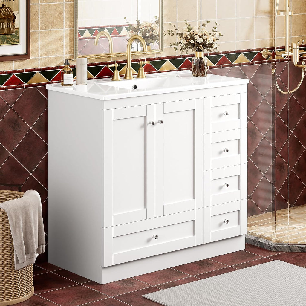 LUMISOL 36'' Bathroom Vanity with Sink, Freestanding Single Vanity with Ceramic Sink, Modern Bathroom Storage Cabinet with Soft Close Doors & Drawers for Guest Bath, Master Suite, Rental, White