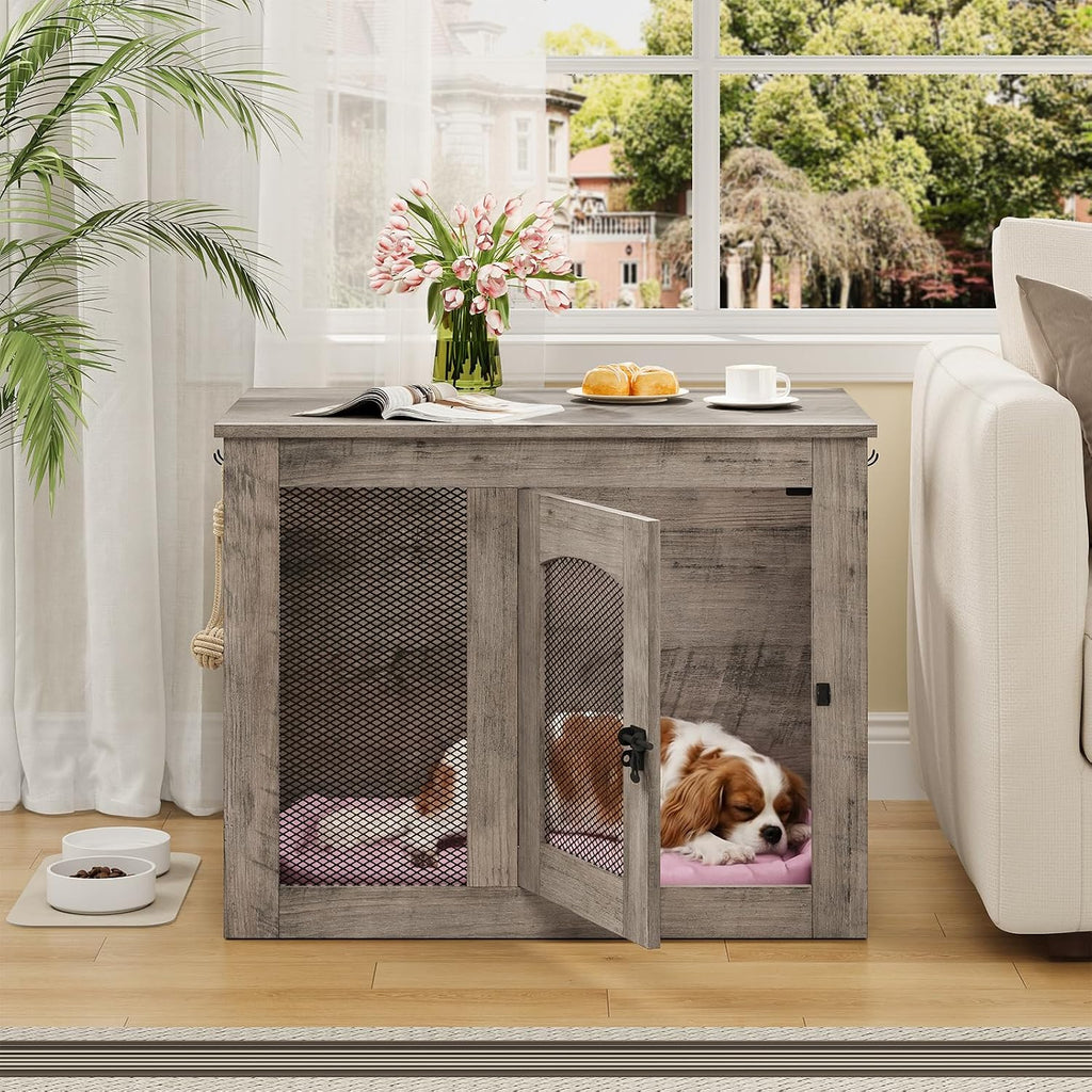CHOEZON Wooden 30.1' Dog Crate Furniture, Farmhouse Pet Cage End Table with Secure Lock, Ventilated Mesh for Medium Dogs, Dog Kennel Furniture for Living Room, Bedroom, Greige MGW02FH