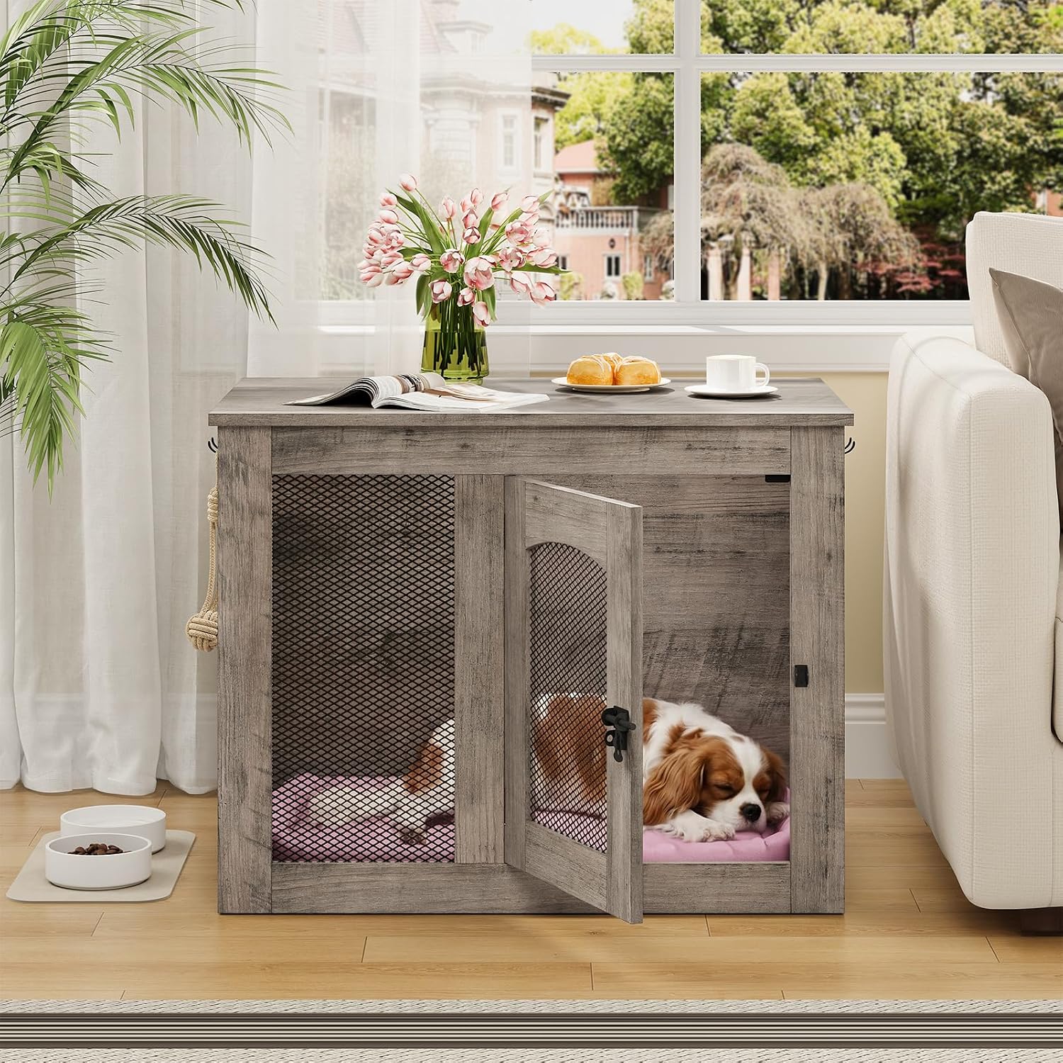 CHOEZON Wooden 30.1' Dog Crate Furniture, Farmhouse Pet Cage End Table with Secure Lock, Ventilated Mesh for Medium Dogs, Dog Kennel Furniture for Living Room, Bedroom, Greige MGW02FH