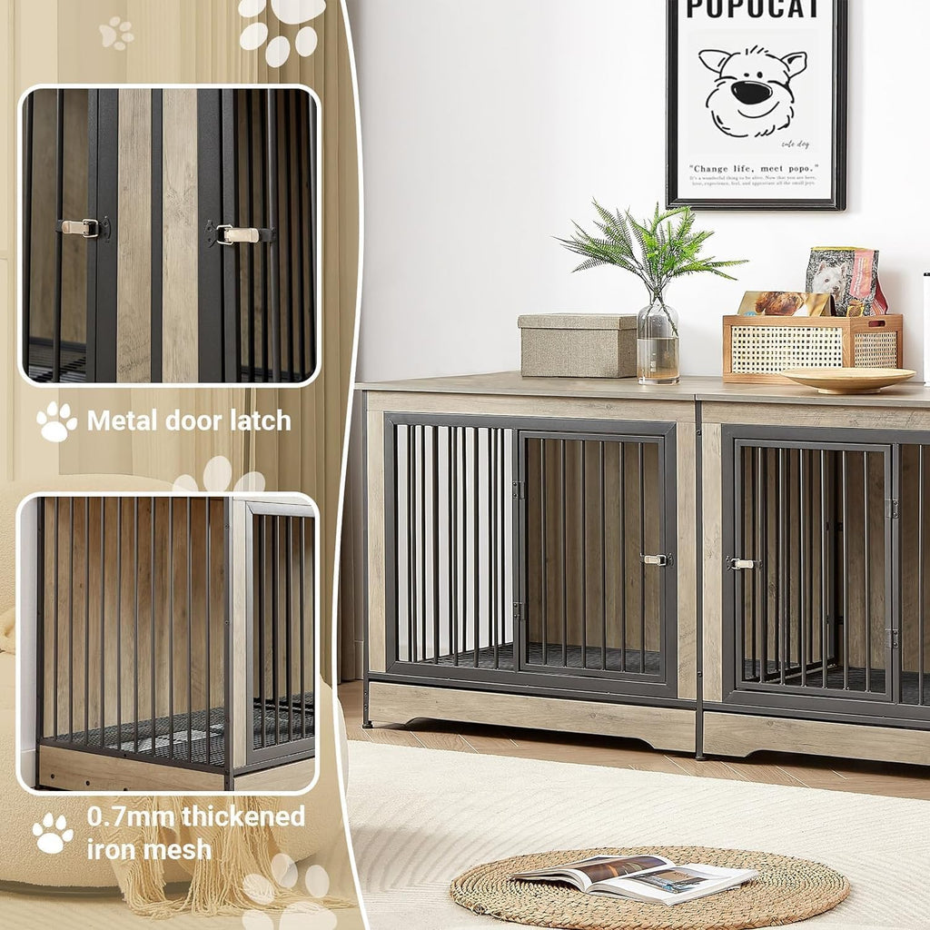 Rovibek 75'' Double Dog Crate Furniture for 2 Large Dogs, Heavy Duty Furniture Style Dog Crates End Table, Wood Crates for Dogs Kennel Indoor with Double Door, Grey