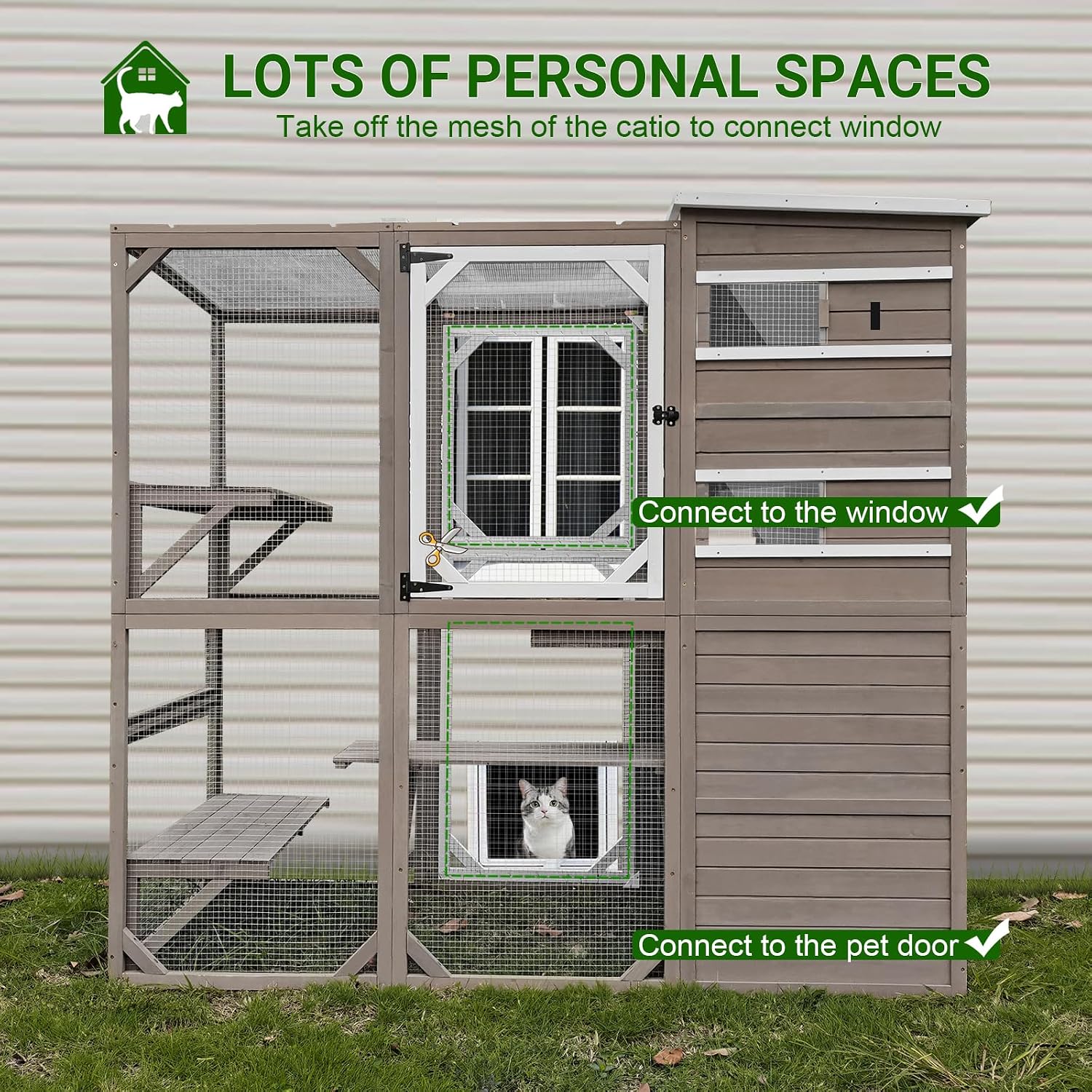 PetsCosset Catio Cat Enclosure Outdoor, Large Cat House Outdoor Weatherproof Attached to Window for Multi Cats, Asphalt and UV Protection Roofs, Multi Platforms-71 H 77' L