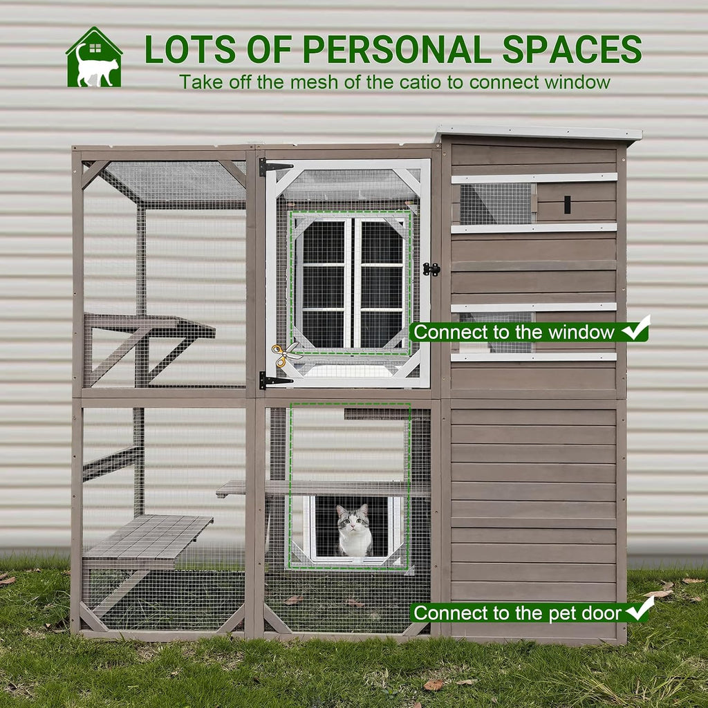PetsCosset Large Catio Outdoor Cat Enclosure, Weatherproof Cat House Attached to Window for Multi Cats, 4 Story Wooden Kitten Condo Asphalt and UV Protection Roofs, Multi Platforms 153.6' L x 70' H
