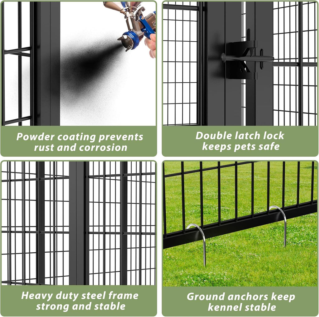 LOVMOR Outdoor Dog Kennel with Roof, Heavy Duty Steel Dog Run Enclosure for Large Dogs, Waterproof Canopy, Double Latch Door, Adjustable Feeding Bowls, Pet Pen for Yard and Patio, 10'L x 10'W x 6.5'H