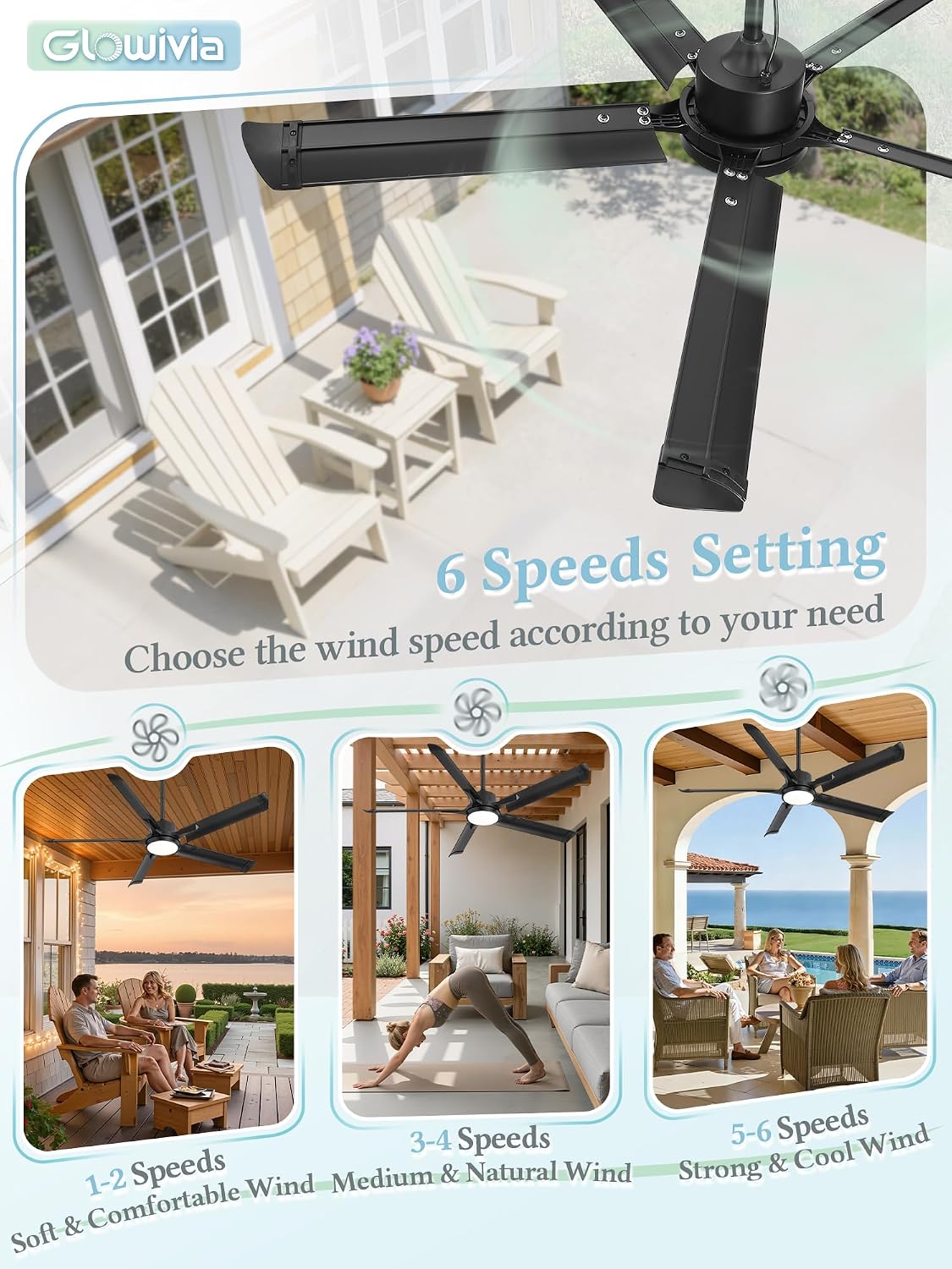 56' Outdoor Ceiling Fan with Lights, IP65 Waterproof Gazebo Fan with Remote Control 6-Speeds DC Motor, Black Plug in Hanging Fan for Patio Porch Pergola(Black)
