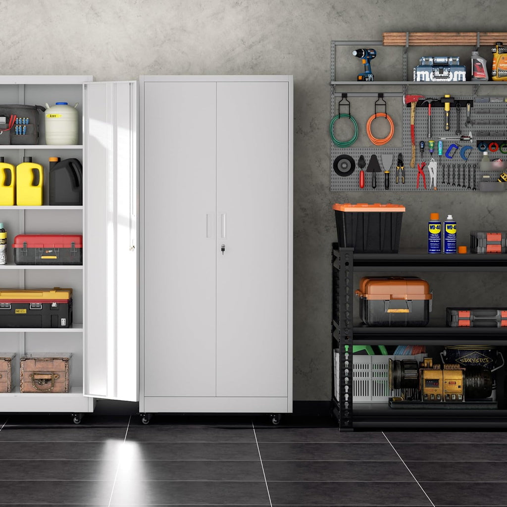 INTERGREAT Metal Storage Cabinet with Wheels, 73' Garage Storage Cabinet with Door and 4 Shelves, Tool Cabinet on Caster for Home, Office, White