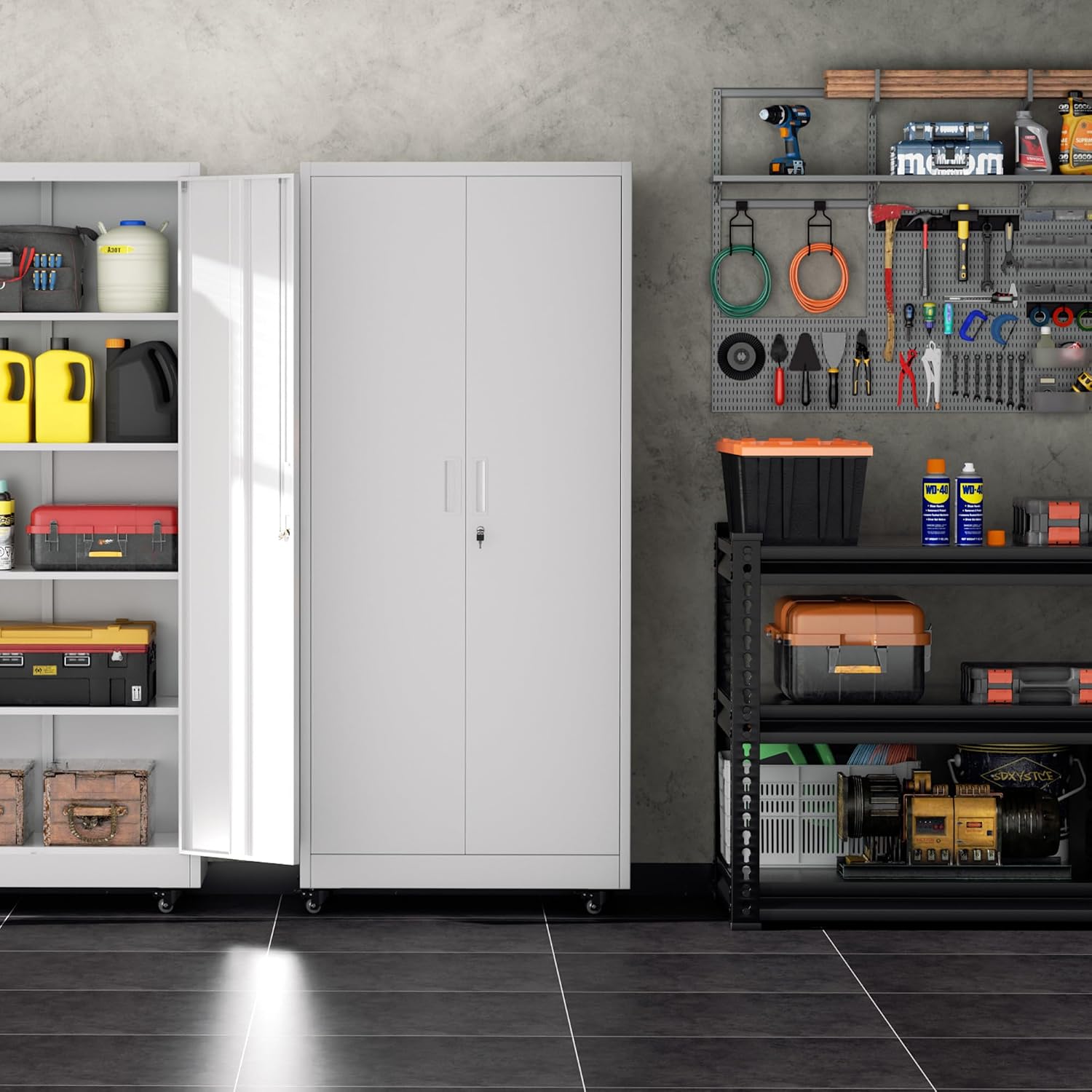 INTERGREAT Metal Storage Cabinet with Wheels, 73' Garage Storage Cabinet with Door and 4 Shelves, Tool Cabinet on Caster for Home, Office, White