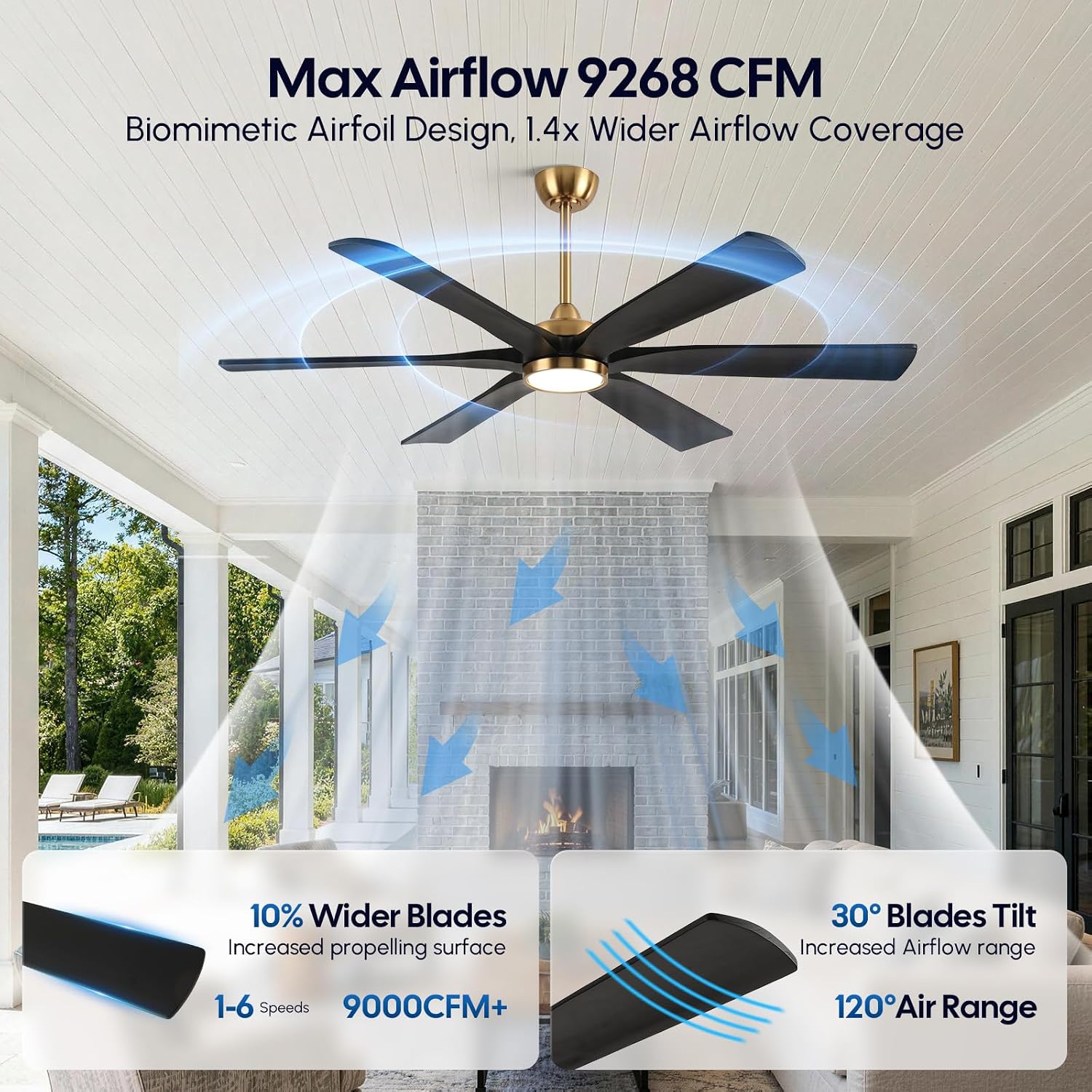 72 Inch Outdoor Ceiling Fan with Light, Black and Gold Modern Smart Fan Alexa/APP/Remote Control, 6 Wood Blades Damp Rated, High CFM Quiet DC Motor, for Indoor Large Living Room Garge Exterior Patio