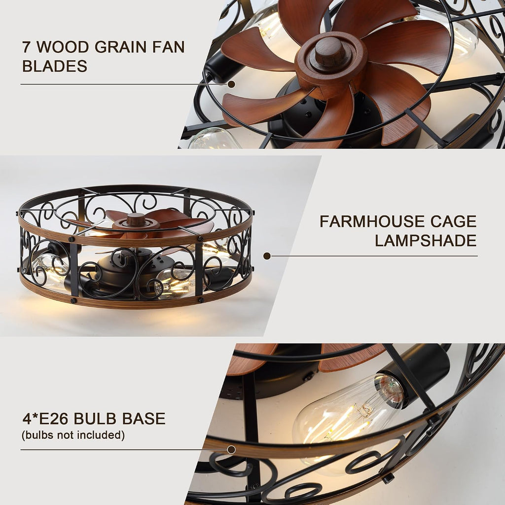 18'' Caged Ceiling Fan with Lights and Remote Flush Mount Farmhouse Ceiling Fan Low Profile Bladeless Fandelier Small Vintage Rustic Chandelier Reversible Motor 6 Speeds for Bedroom Kitchen