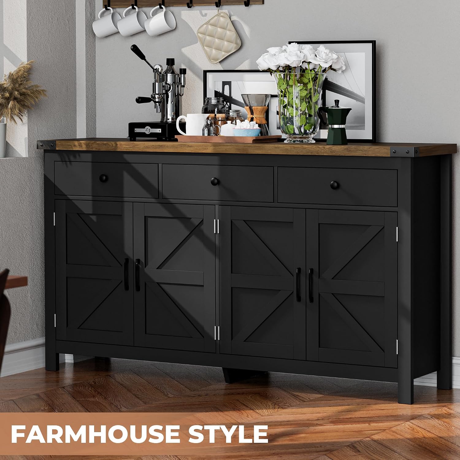 VVFLU 63' Sideboard Buffet Cabinet with Storage, Coffee Bar with 3 Drawers and 4 Barn Doors, Long Wider Storage Cabinet Modern Farmhouse, for Kitchen, Dining Room, Living Room, Black Wood