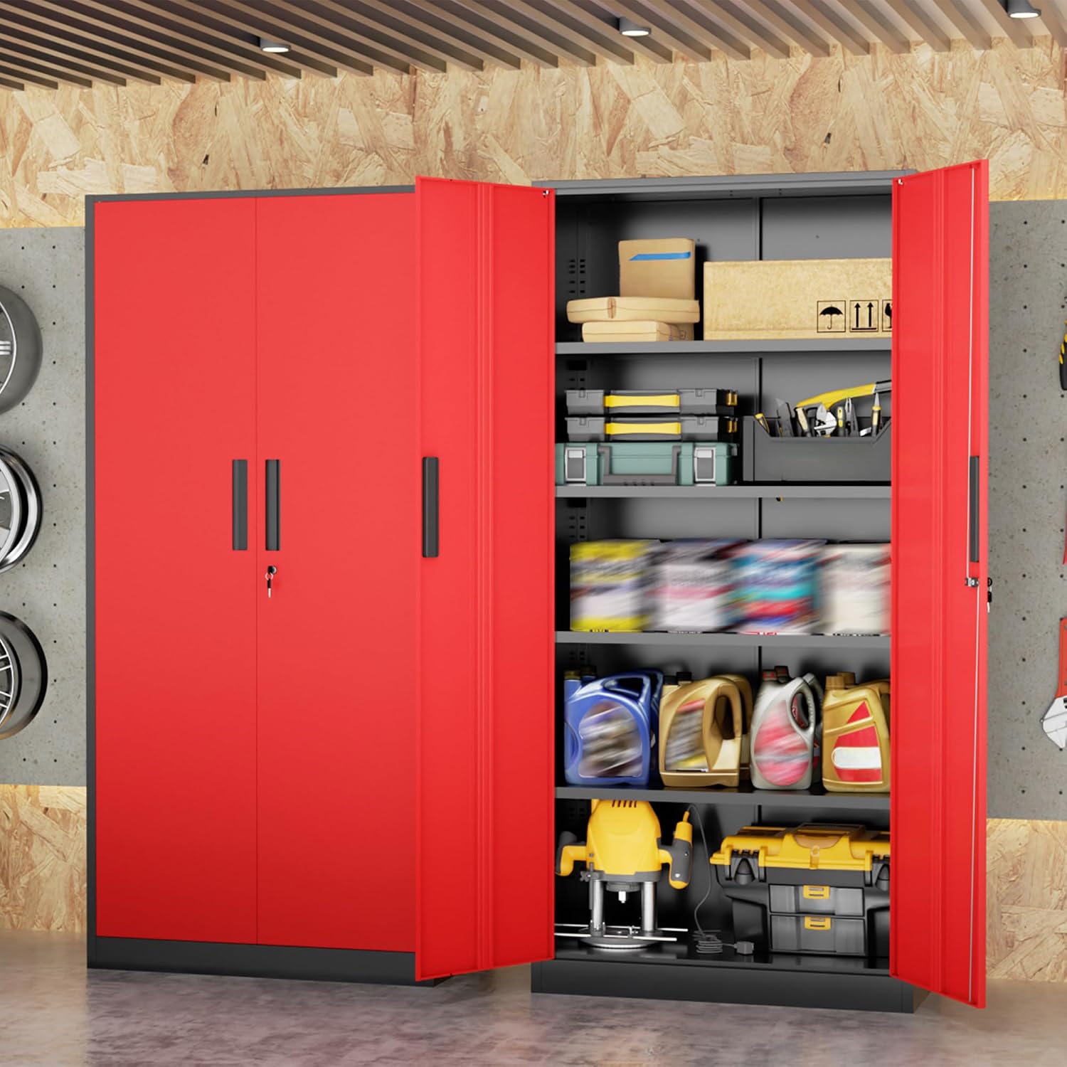 SUNCROWN Metal Storage Cabinets with Lock, Tool Cabinet, 72' Locking Steel Storage, Tall Locker Organizer Garage Cabinets with 2 Doors and 4 Shelves for Home,Office,Warehouse,Garage,School(Black Red)