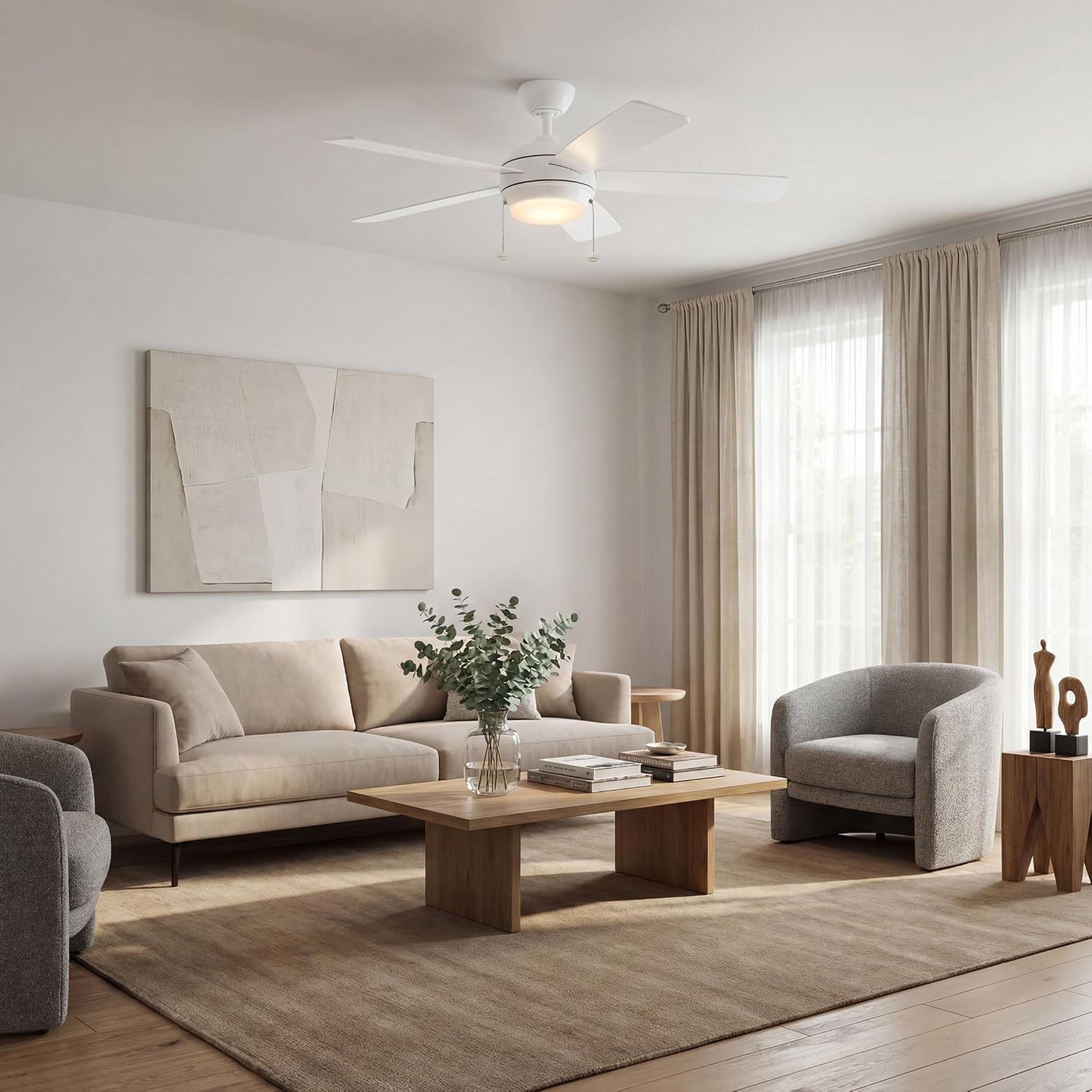 Kichler Starkk 52 in LED Ceiling Fan with Light, 5 Blade Modern White Ceiling Fan with Integrated LED Light and Downrod for Bedroom, Living Room, Kitchen, Dining Room, 330174MWH