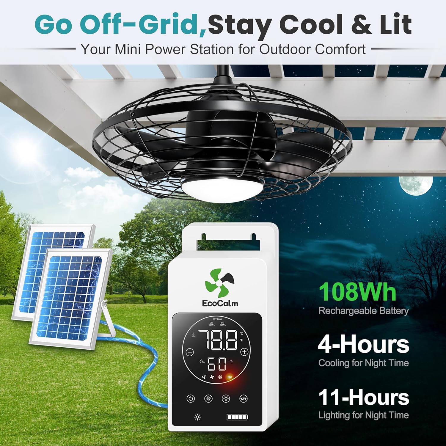 Solar Ceiling Fan Waterproof, 20'' Outdoor Ceiling Fan with Light & Battery, Solar Powered Fans Metal Caged Design for Gazebo, Patios, Pergola, Porch